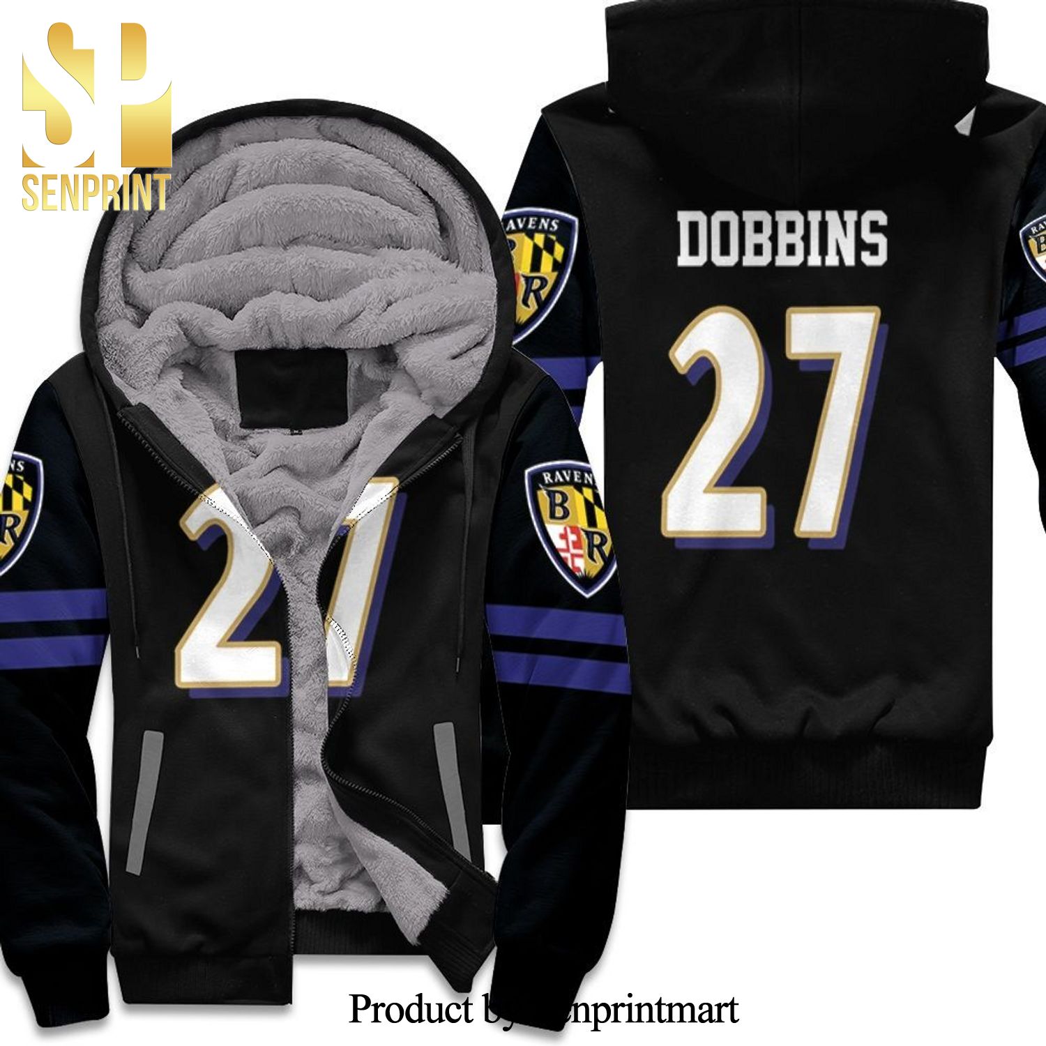 Baltimore Ravens J K Dobbins 27 Black Inspired Full Printed Unisex Fleece Hoodie