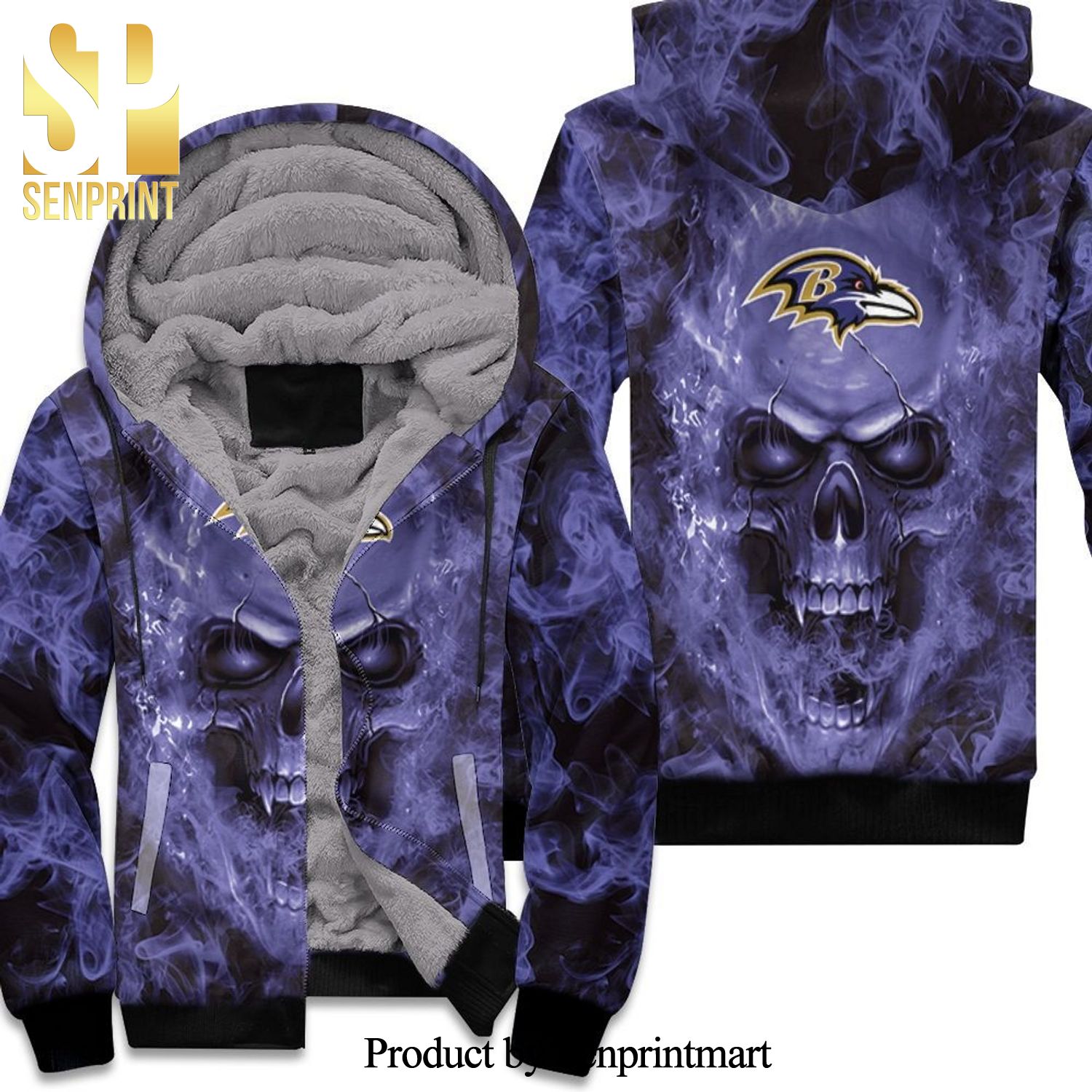 Baltimore Ravens Nfl Fans Skull Full Printing Unisex Fleece Hoodie