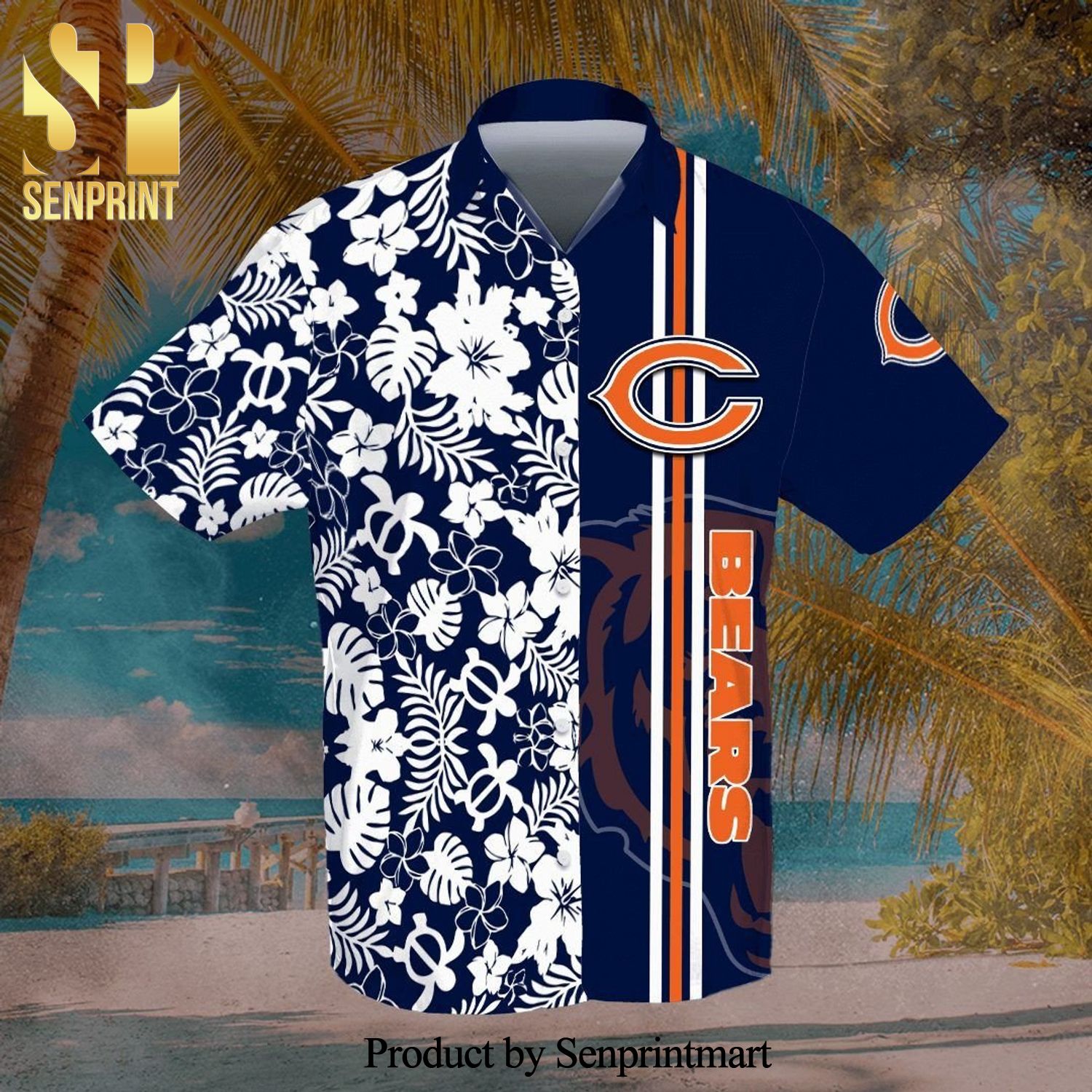Chicago Bears Full Printing Flowery Short Sleeve Dress Shirt Hawaiian Summer Aloha Beach Shirt – Navy