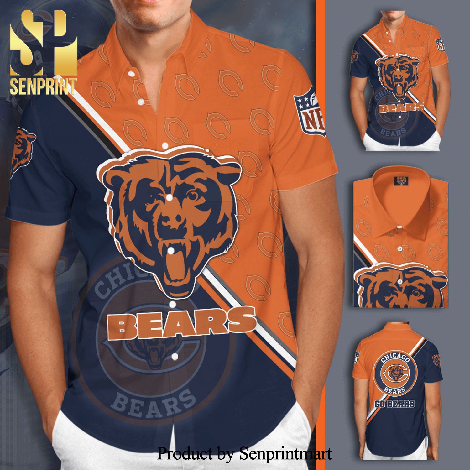 Chicago Bears Logo Full Printing Short Sleeve Dress Shirt Hawaiian Summer Aloha Beach Shirt – Navy Orange