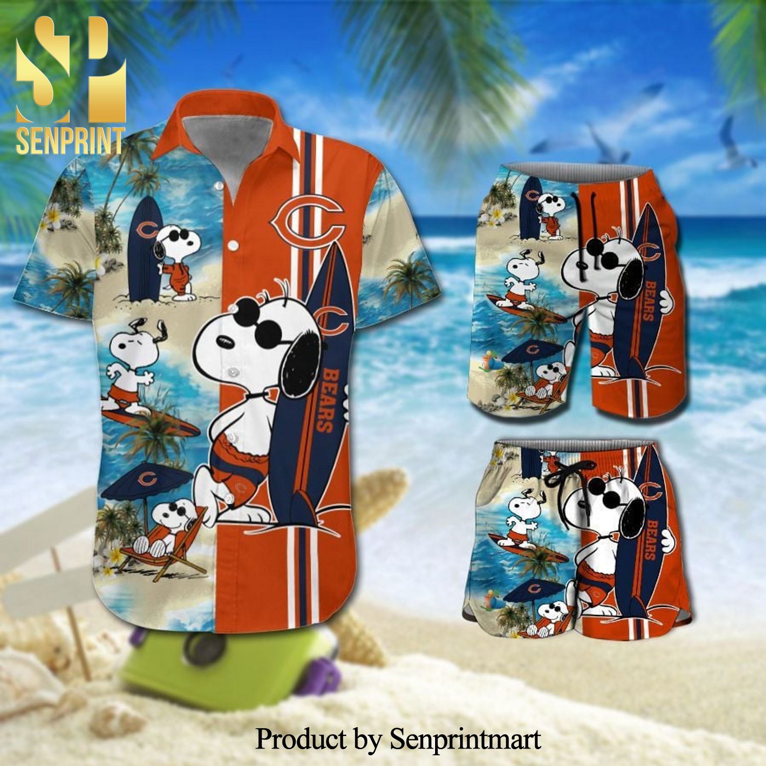 Chicago Bears Snoopy Surfing On The Beach Full Printing Combo Hawaiian Shirt And Beach Shorts