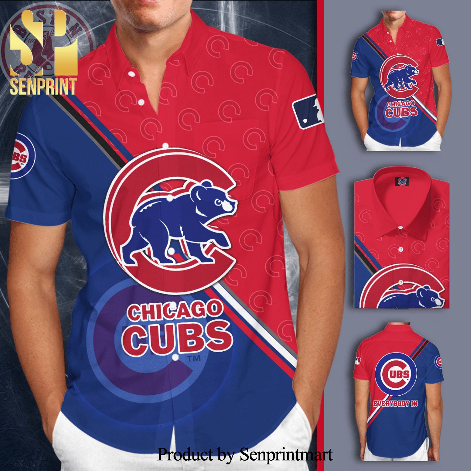 Chicago Cubs Full Printing Short Sleeve Dress Shirt Hawaiian Summer Aloha Beach Shirt – Red Blue