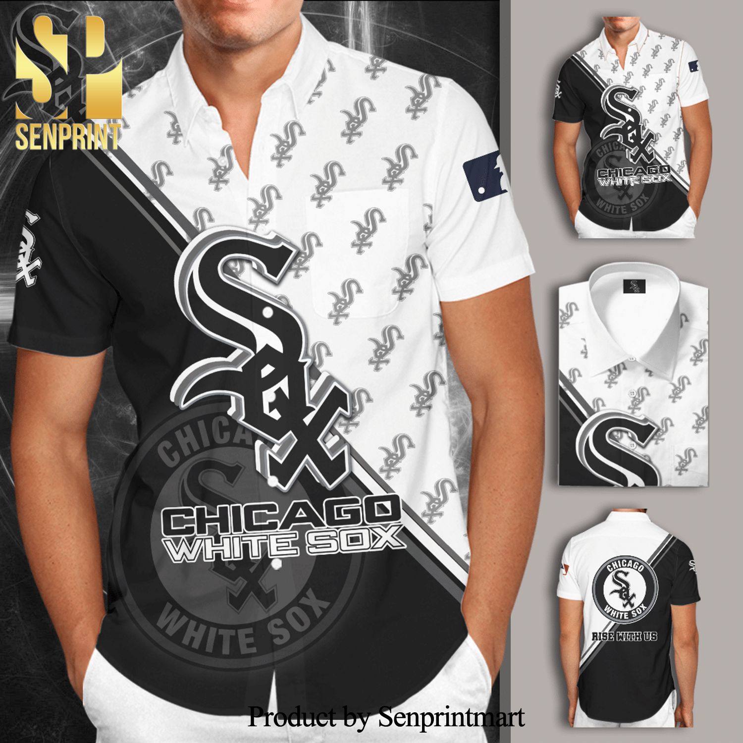 Chicago White Sox Full Printing Short Sleeve Dress Shirt Hawaiian Summer Aloha Beach Shirt – Black White