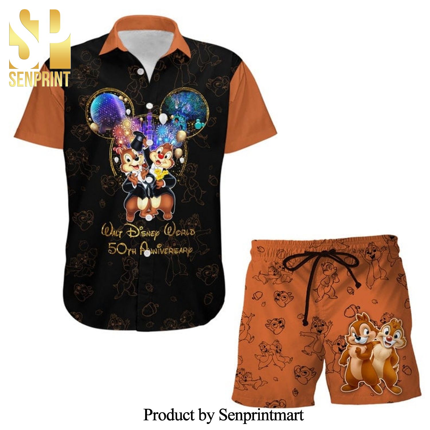 Chip And Dale 50th Anniversary Glitter Disney Castle Full Printing Combo Hawaiian Shirt And Beach Shorts – Black Orange