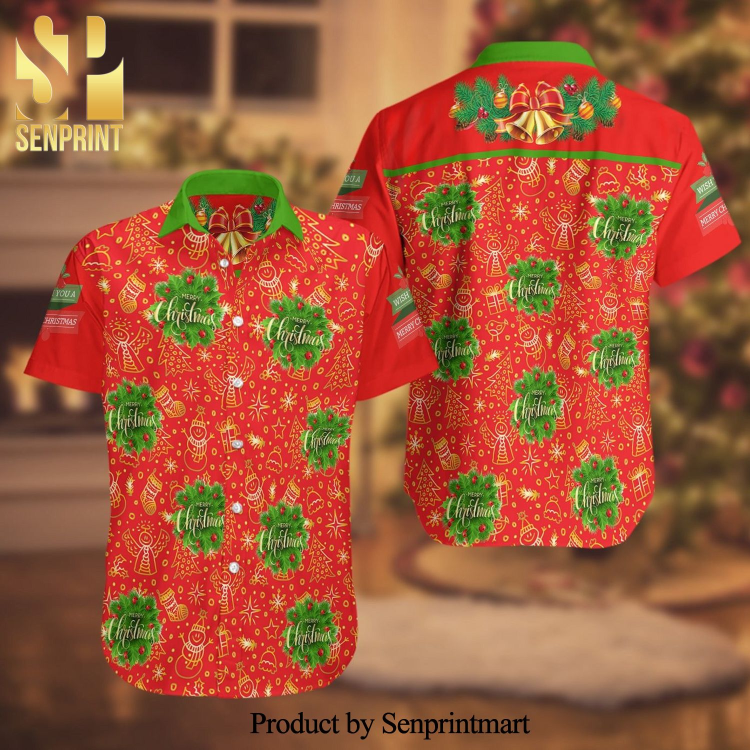 Christmas Mistletoe Full Printing Summer Short Sleeve Hawaiian Beach Shirt – Red