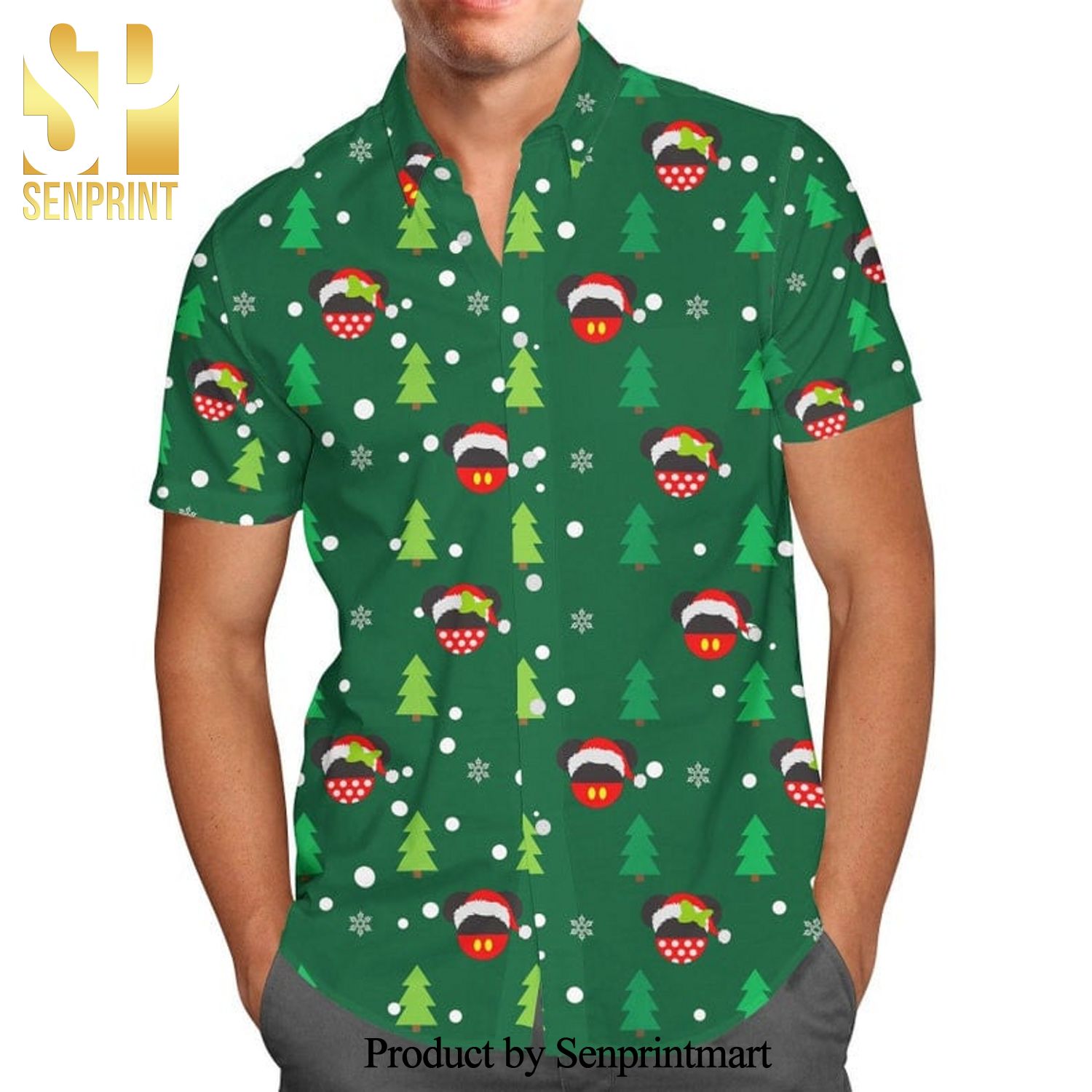 Christmas Santa Mickey And Minnie Disney Cartoon Graphics Inspired Full Printing Hawaiian Shirt – Green