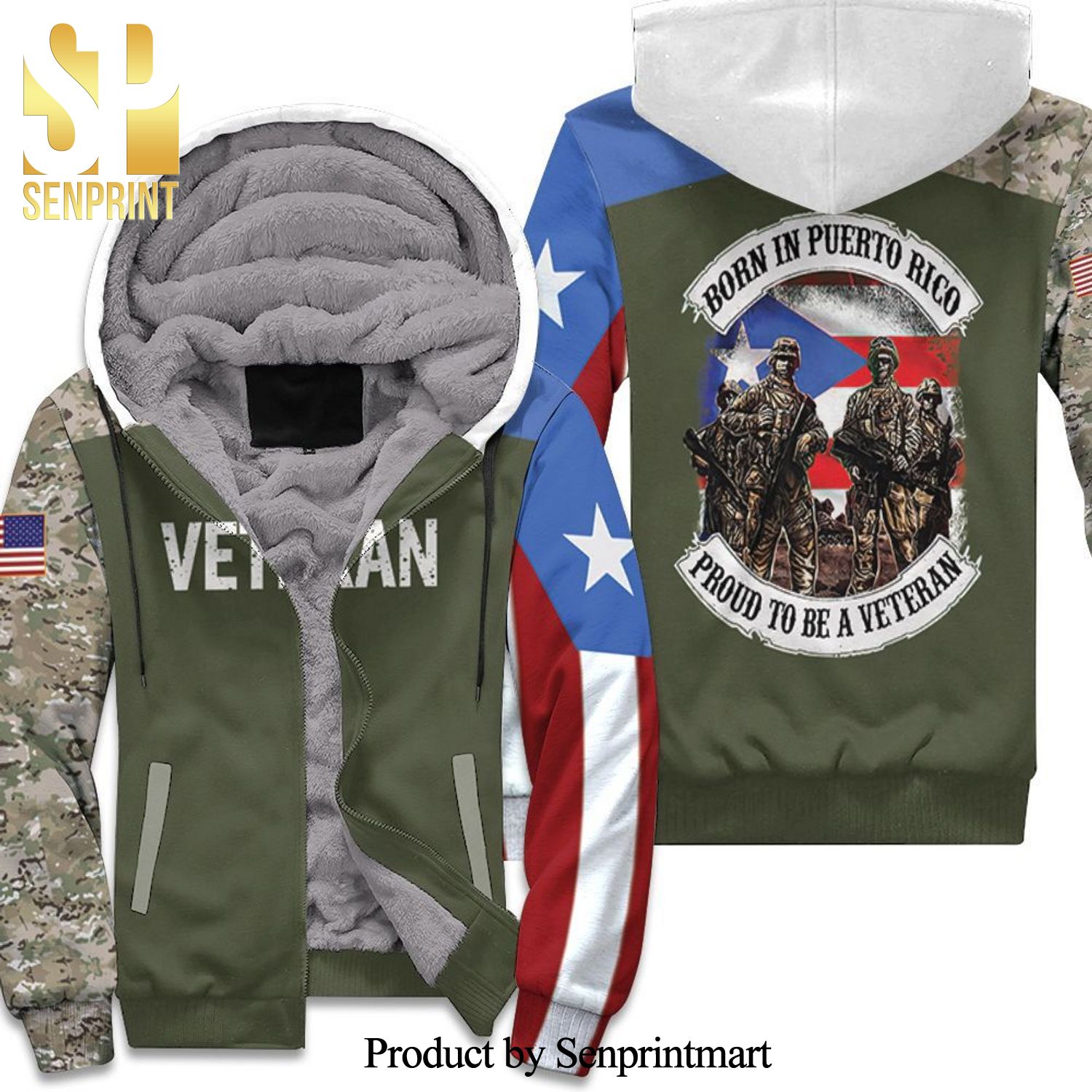 Born In Puerto Rico Proud To Be A Veteran Camouflage Design High Fashion Full Printing Unisex Fleece Hoodie