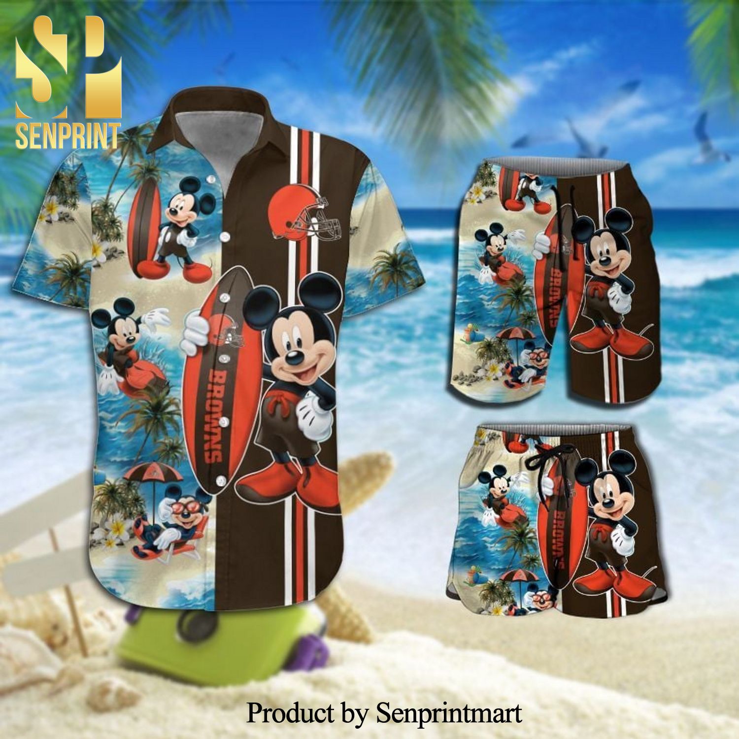 Clevel And Browns Mickey Mouse Surfing On The Beach Full Printing Combo Hawaiian Shirt And Beach Shorts