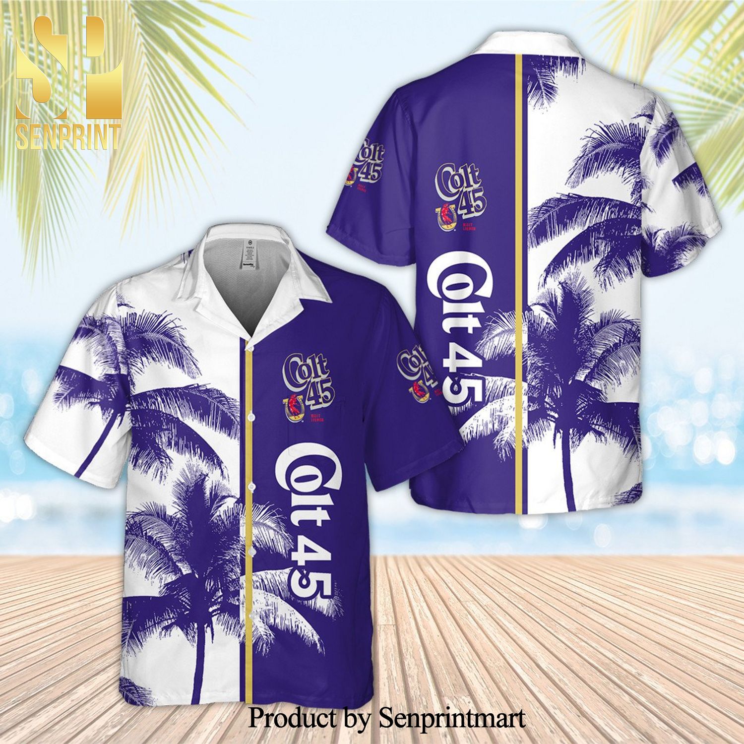 Colt 45 Palm Tree Full Printing Aloha Summer Beach Hawaiian Shirt – White Purple