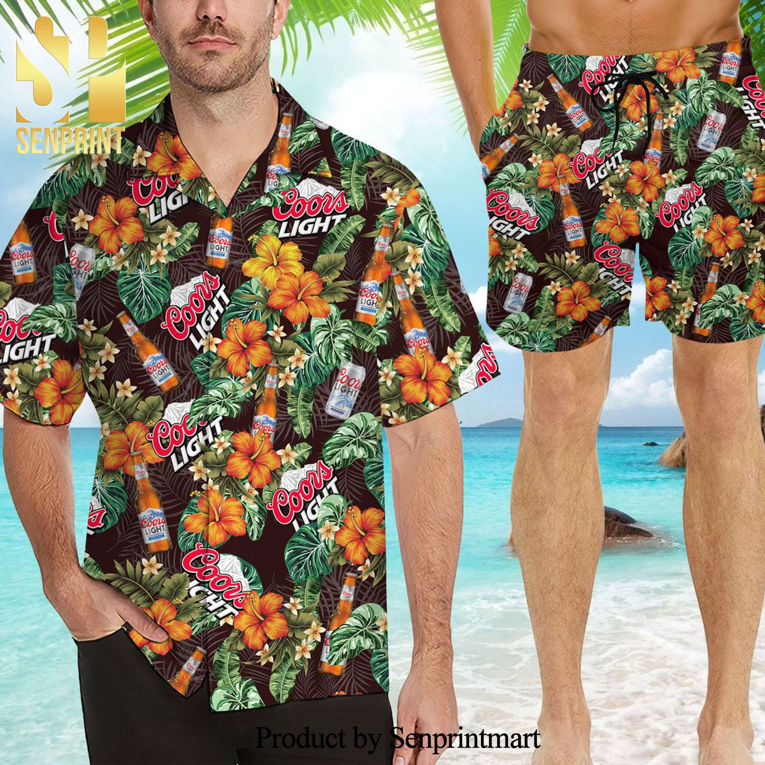 Coors Light Beer Full Printing Flowery Aloha Summer Beach Hawaiian Shirt And Beach Shorts – Brown