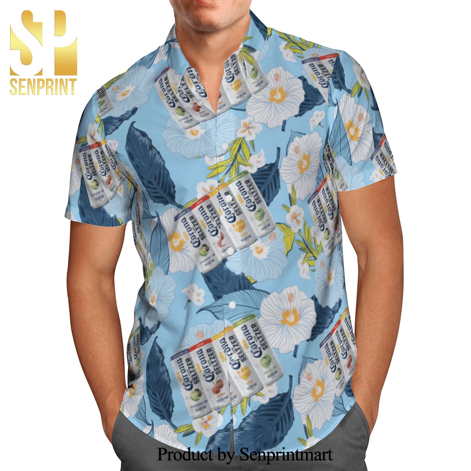 Corona Hard Seltzer Full Printing Flowery Hawaiian Shirt – Light Blue