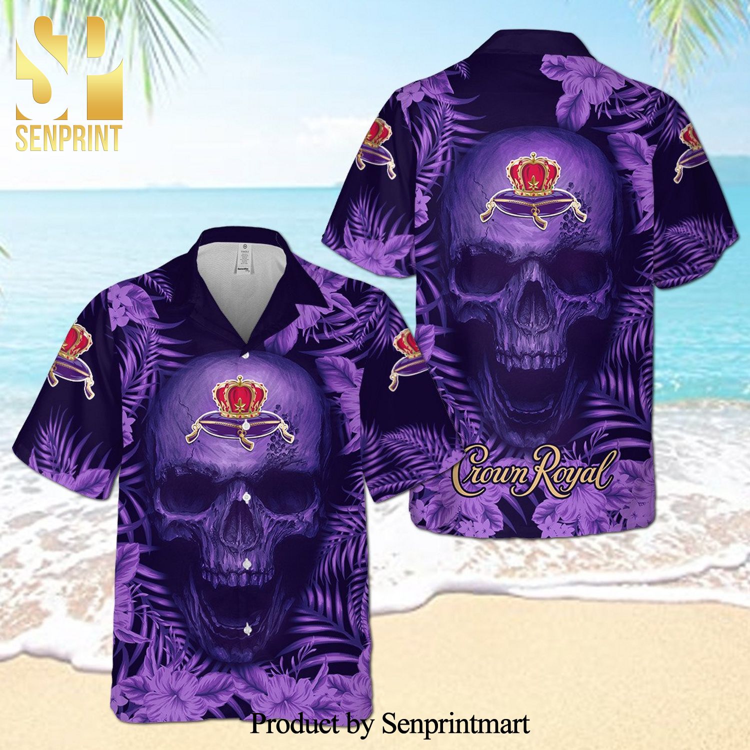 Crown Royal Angry Skull Full Printing Flowery Aloha Summer Beach Hawaiian Shirt – Purple