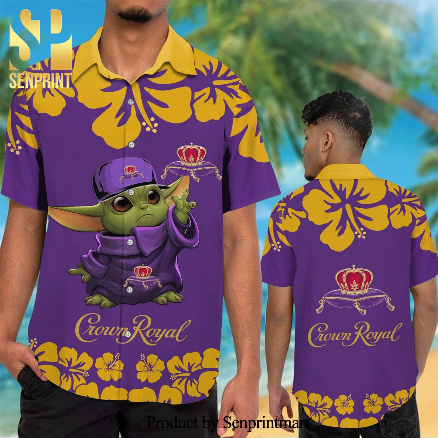Crown Royal Baby Yoda Hibiscus Pattern Full Printing Aloha Summer Beach Hawaiian Shirt – Purple