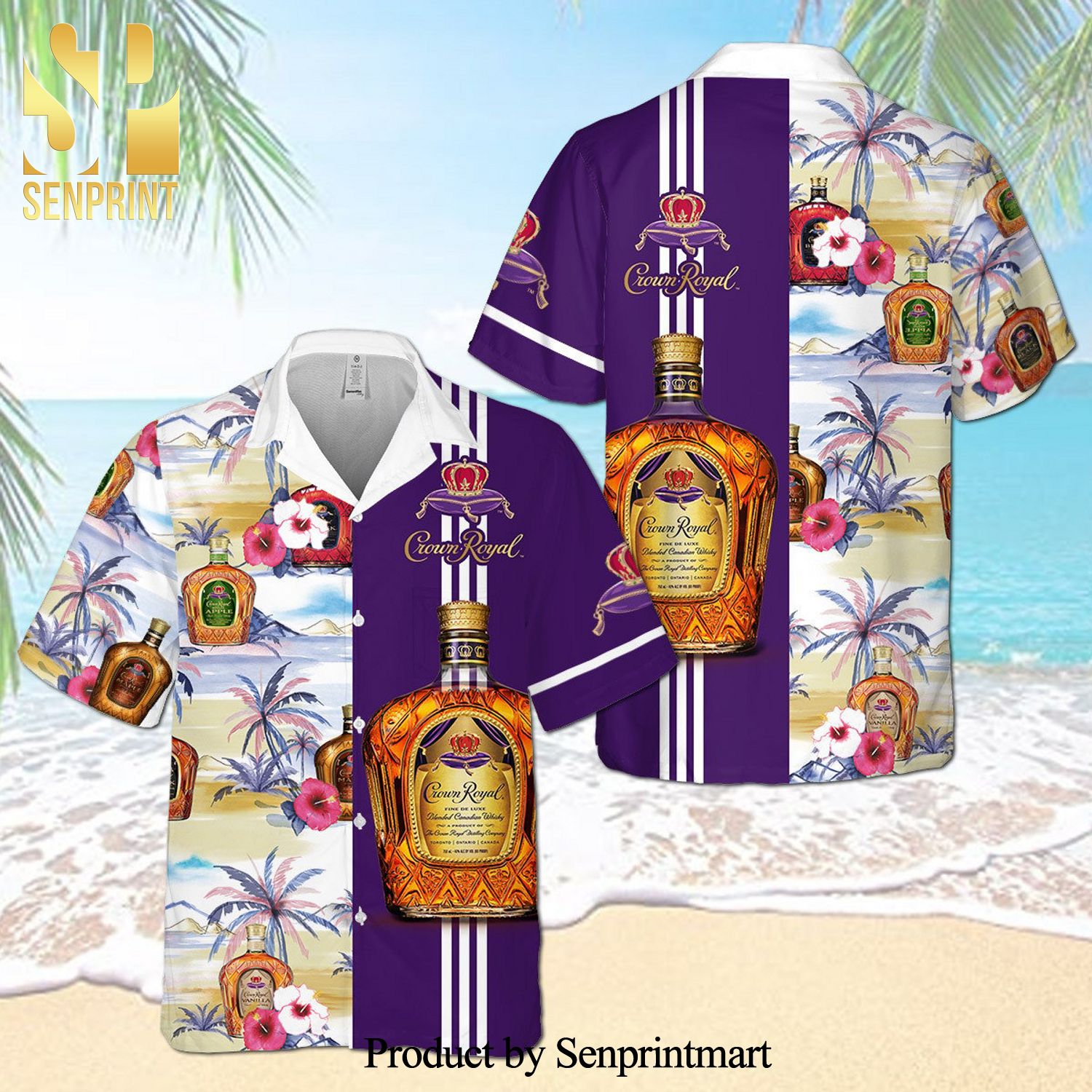 Crown Royal Collection Hibiscus Palm Tree Full Printing Aloha Summer Beach Hawaiian Shirt – Purple
