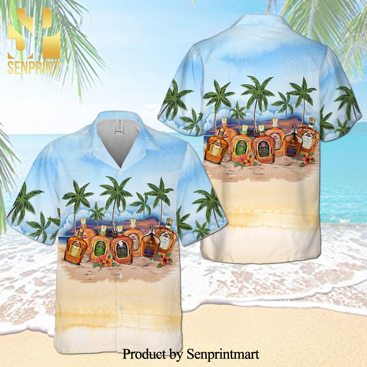 Crown Royal Collection Palm Tree Full Printing Aloha Summer Beach Hawaiian Shirt – Blue