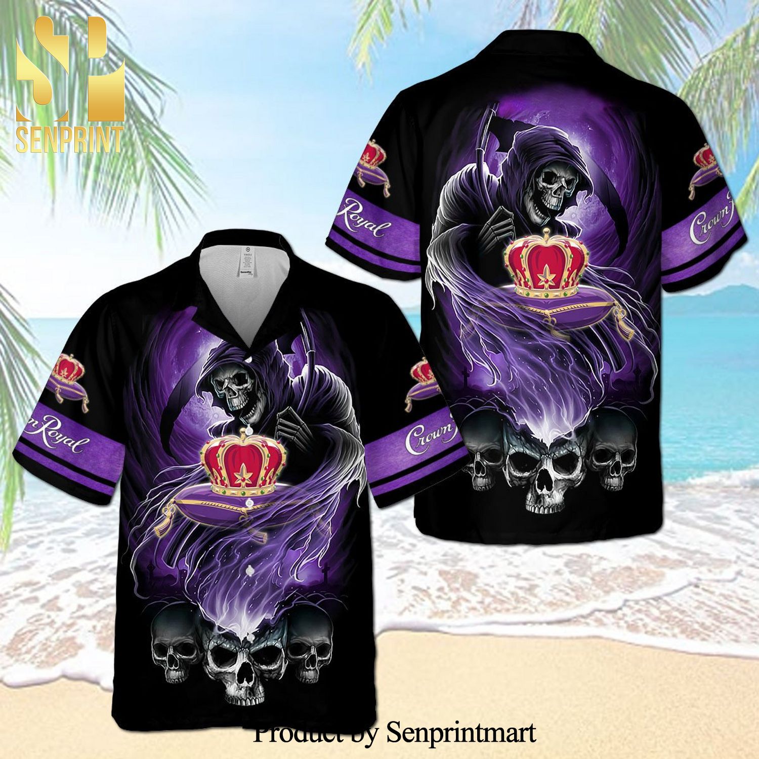 Crown Royal Death Skull Full Printing Aloha Summer Beach Hawaiian Shirt – Black