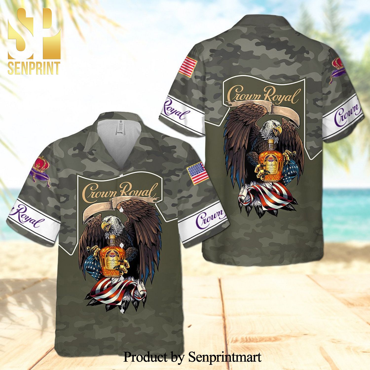 Crown Royal Eagle USA Flag Full Printing Camo Aloha Summer Beach Hawaiian Shirt