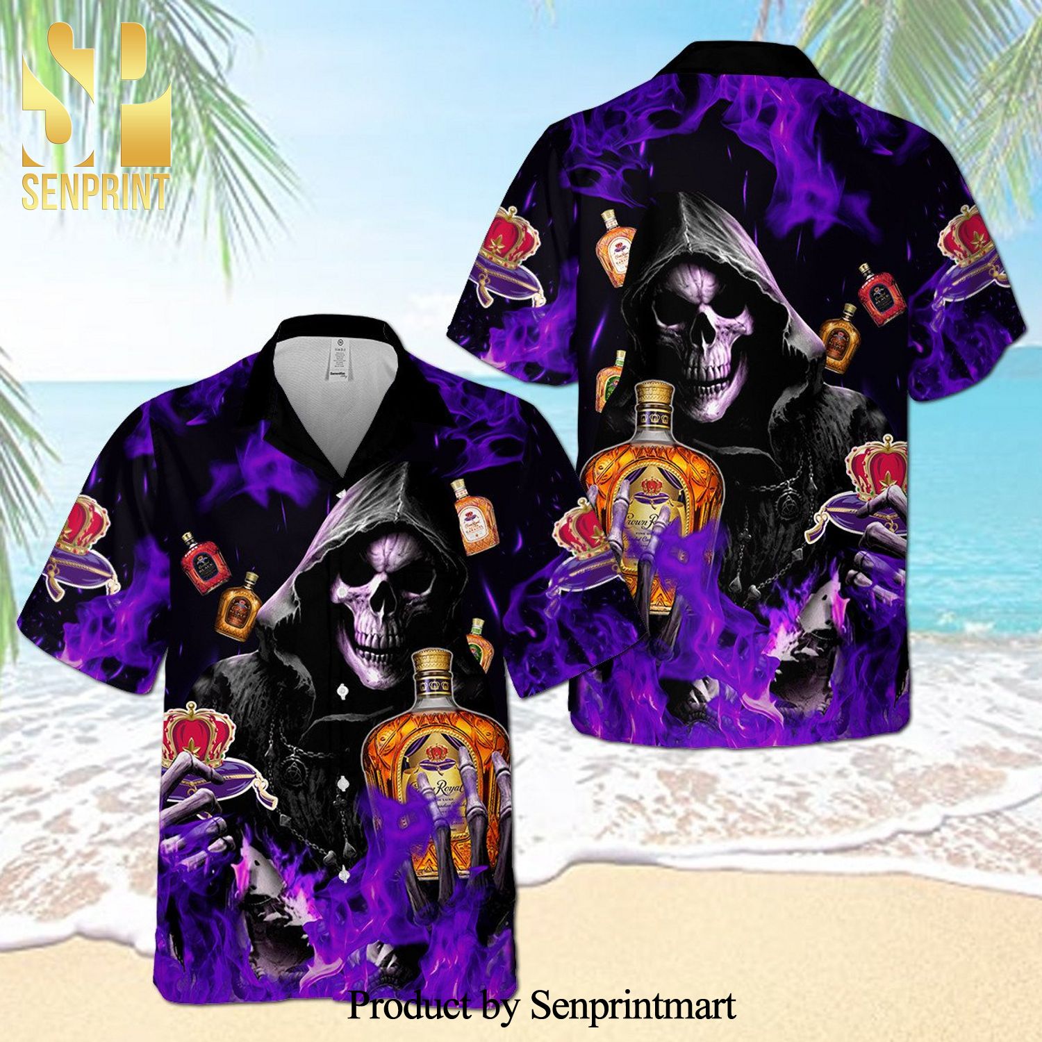 Crown Royal Flame Smiling Death Full Printing Aloha Summer Beach Hawaiian Shirt – Black