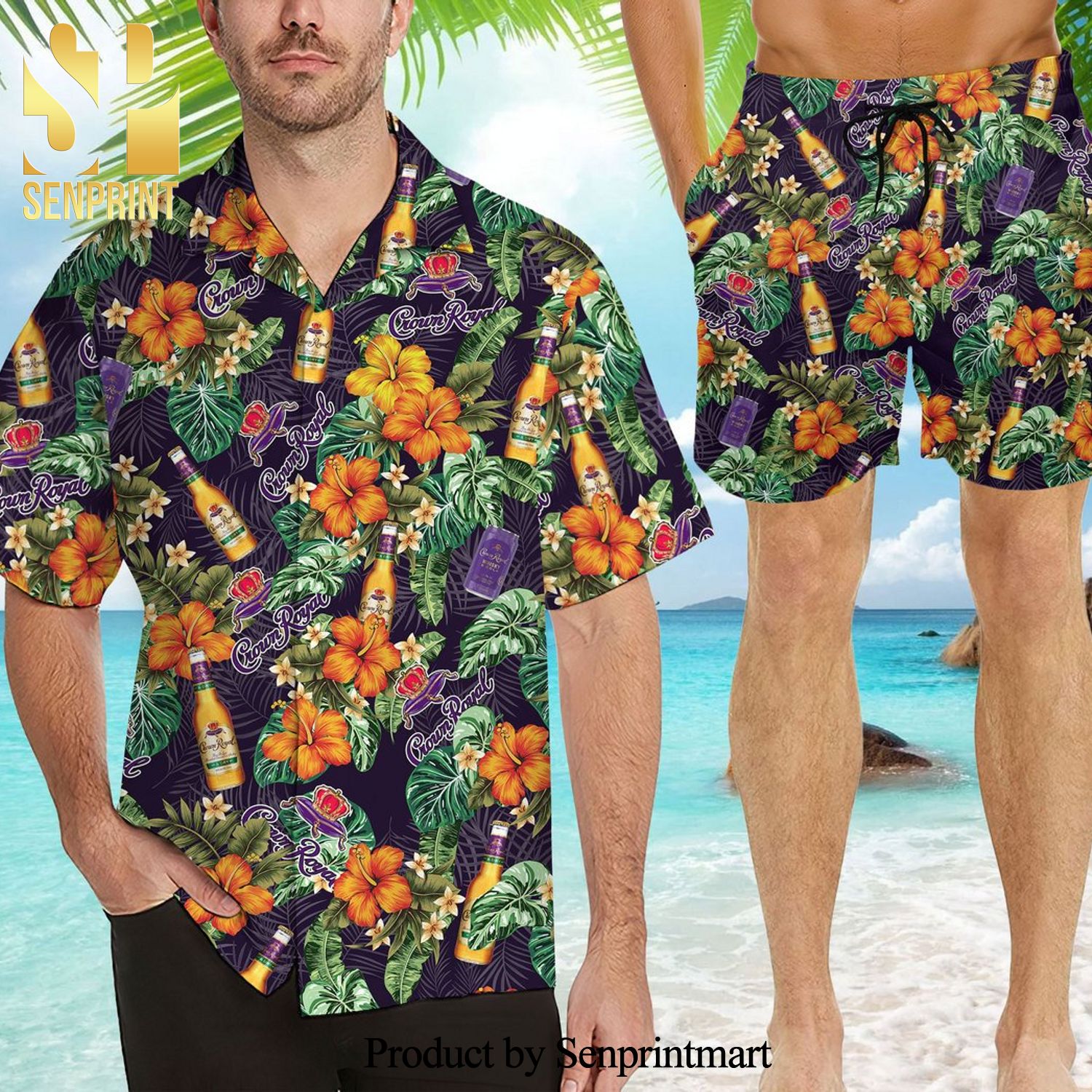 Crown Royal Full Printing Flowery Aloha Summer Beach Hawaiian Shirt And Beach Shorts – Purple
