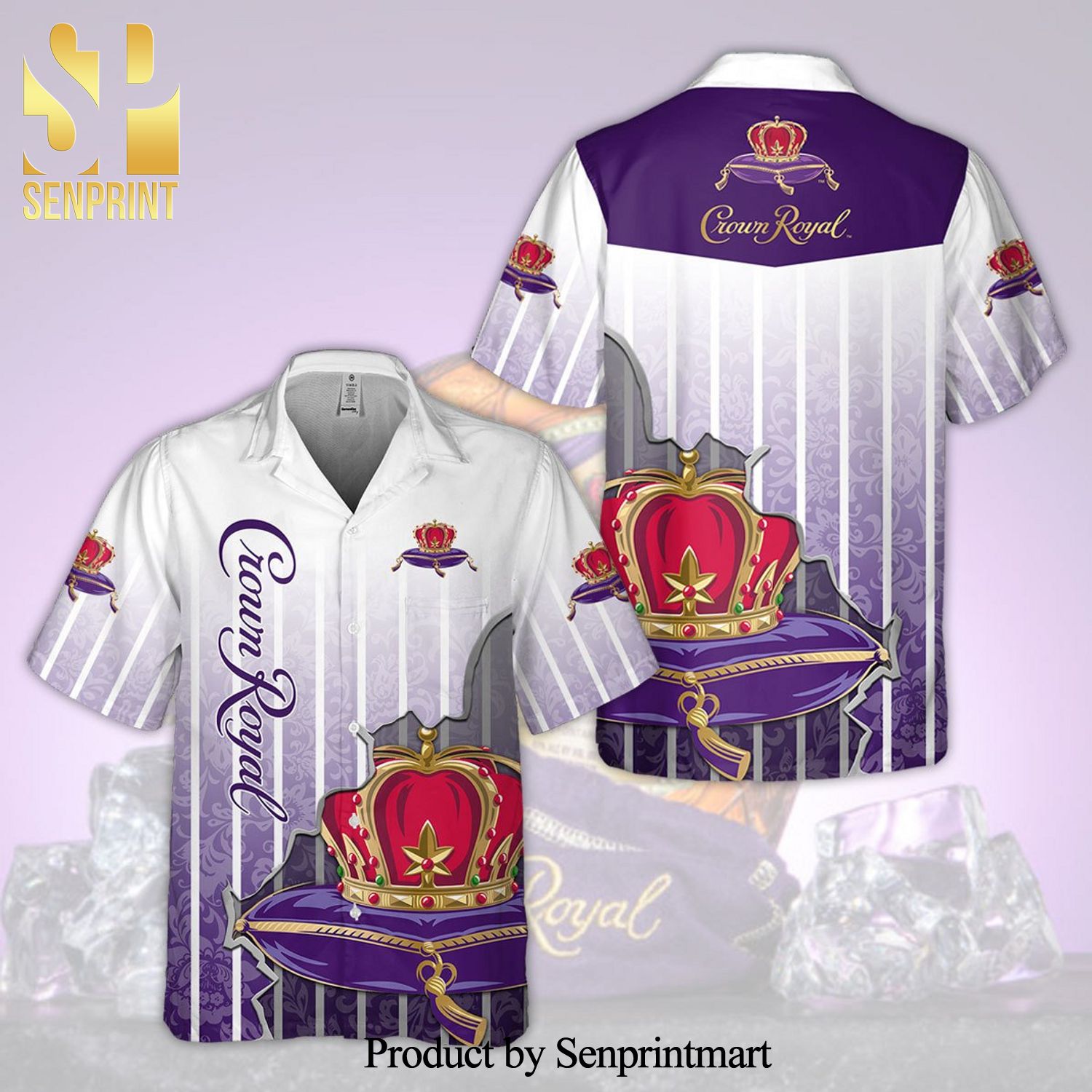Crown Royal Full Printing Pinstripe Aloha Summer Beach Hawaiian Shirt – Ombre White Purple