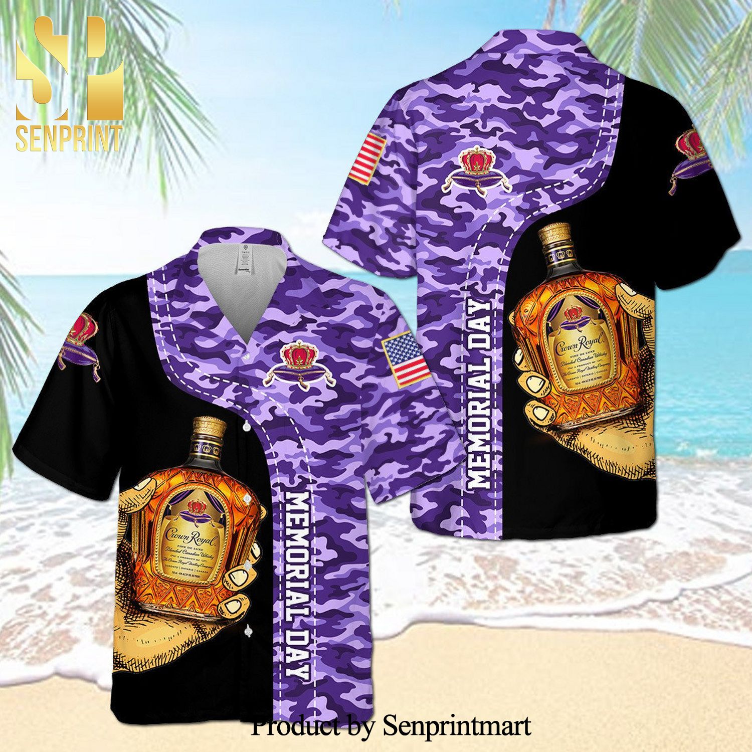 Crown Royal Memorial Day Full Printing Camo Aloha Summer Beach Hawaiian Shirt – Black Purple