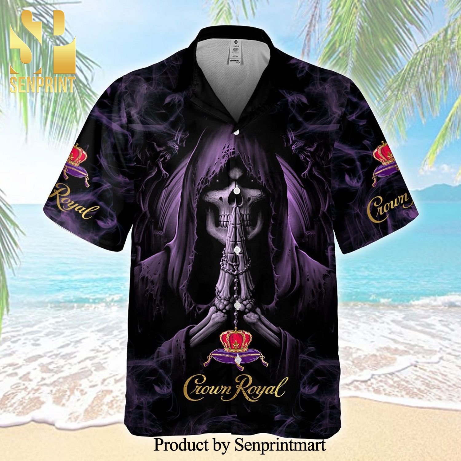 Crown Royal Praying Death Full Printing Aloha Summer Beach Hawaiian Shirt – Black