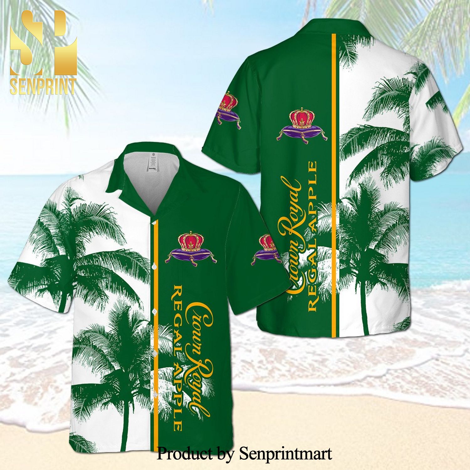 Crown Royal Regal Apple Palm Tree Full Printing Aloha Summer Beach Hawaiian Shirt – White Green