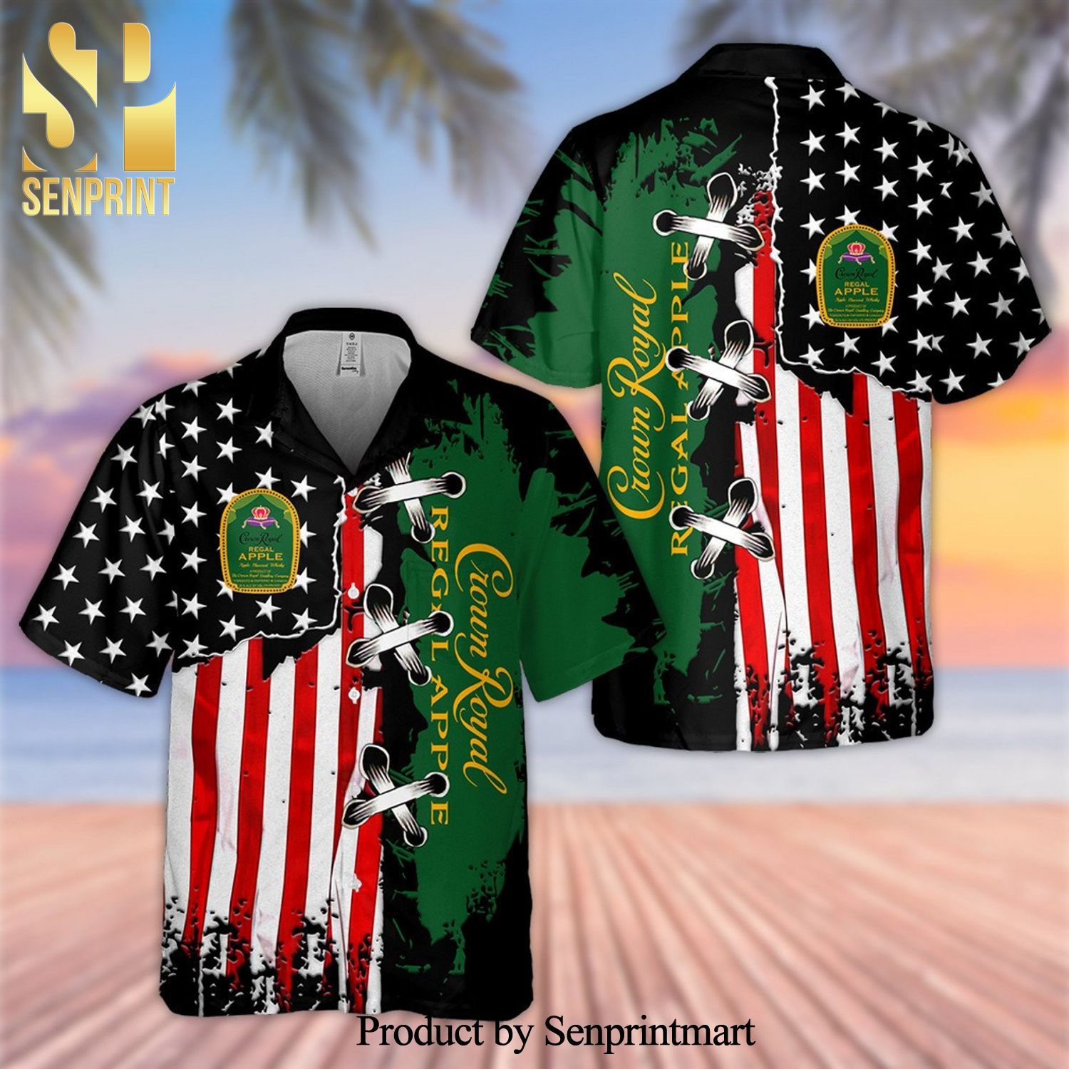 Crown Royal Regal Apple USA Flag Full Printing Aloha Summer Beach Hawaiian Shirt – Black Green