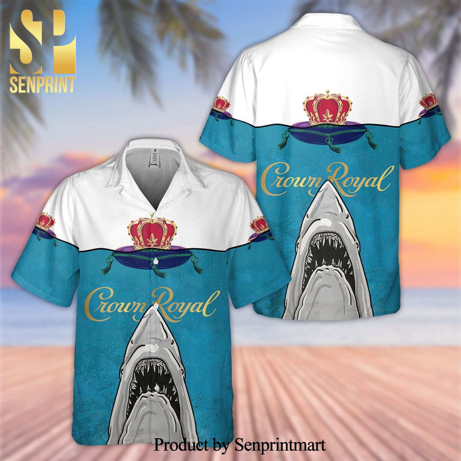 Crown Royal Shark Full Printing Aloha Summer Beach Hawaiian Shirt – White Blue