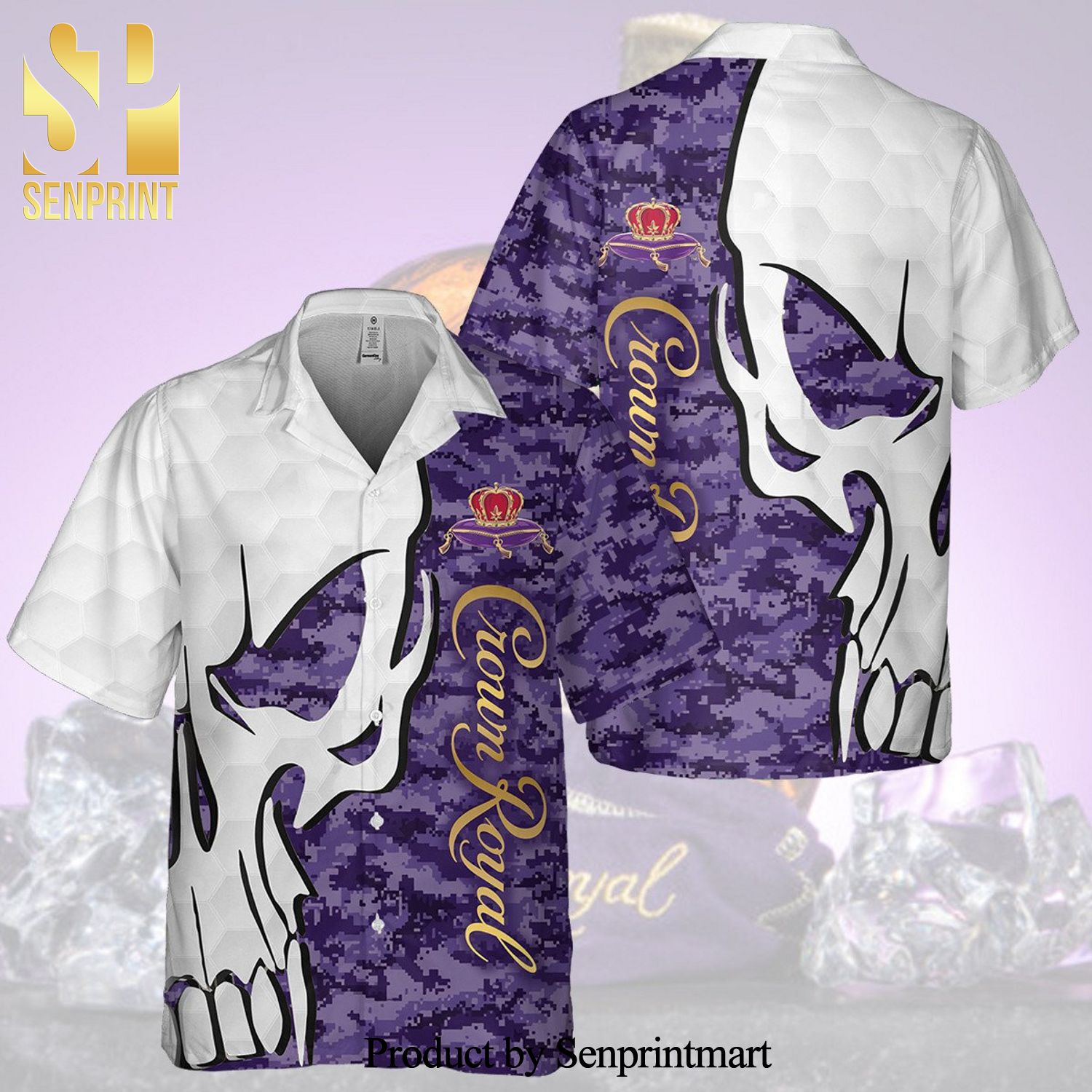 Crown Royal Skull Pattern Full Printing Aloha Summer Beach Hawaiian Shirt – White Purple