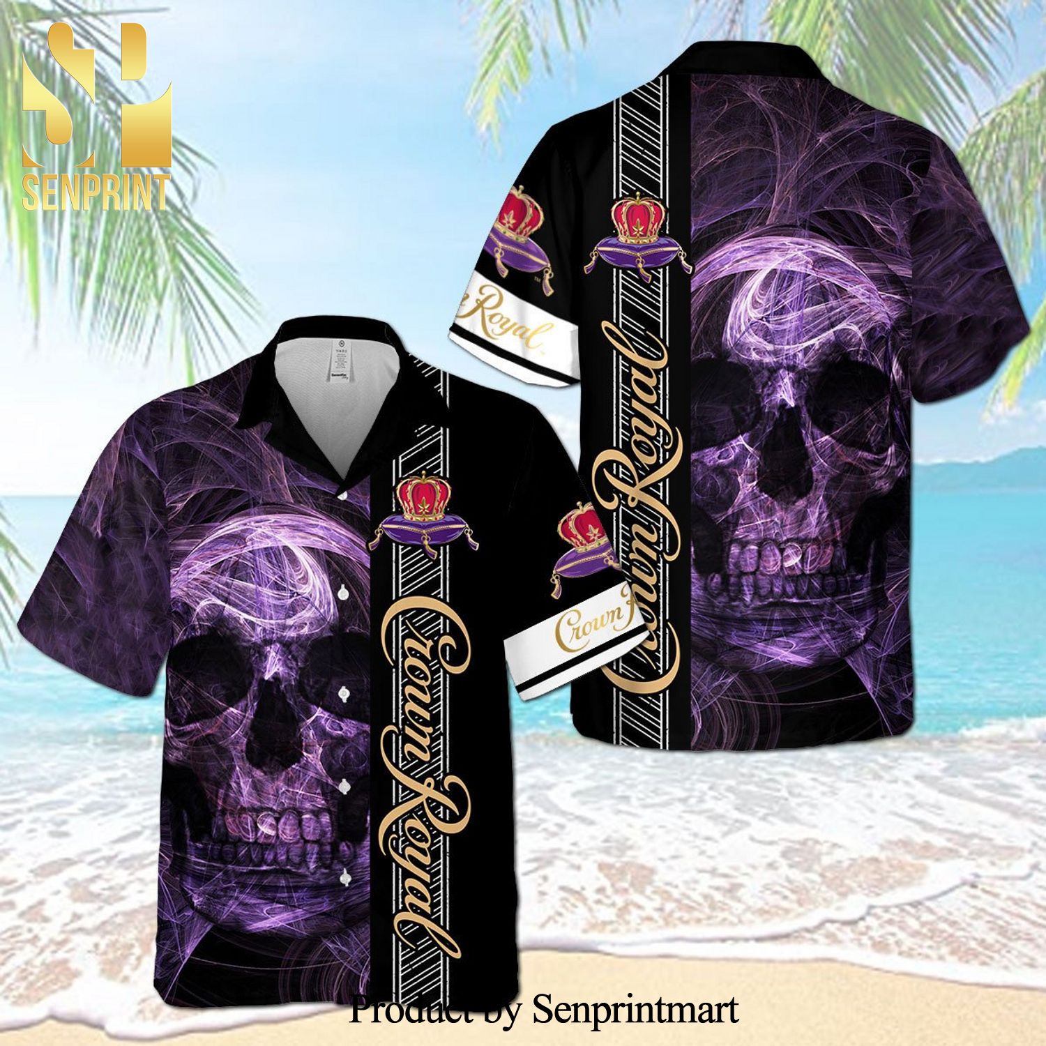 Crown Royal Smoky Skull Full Printing Aloha Summer Beach Hawaiian Shirt – Black