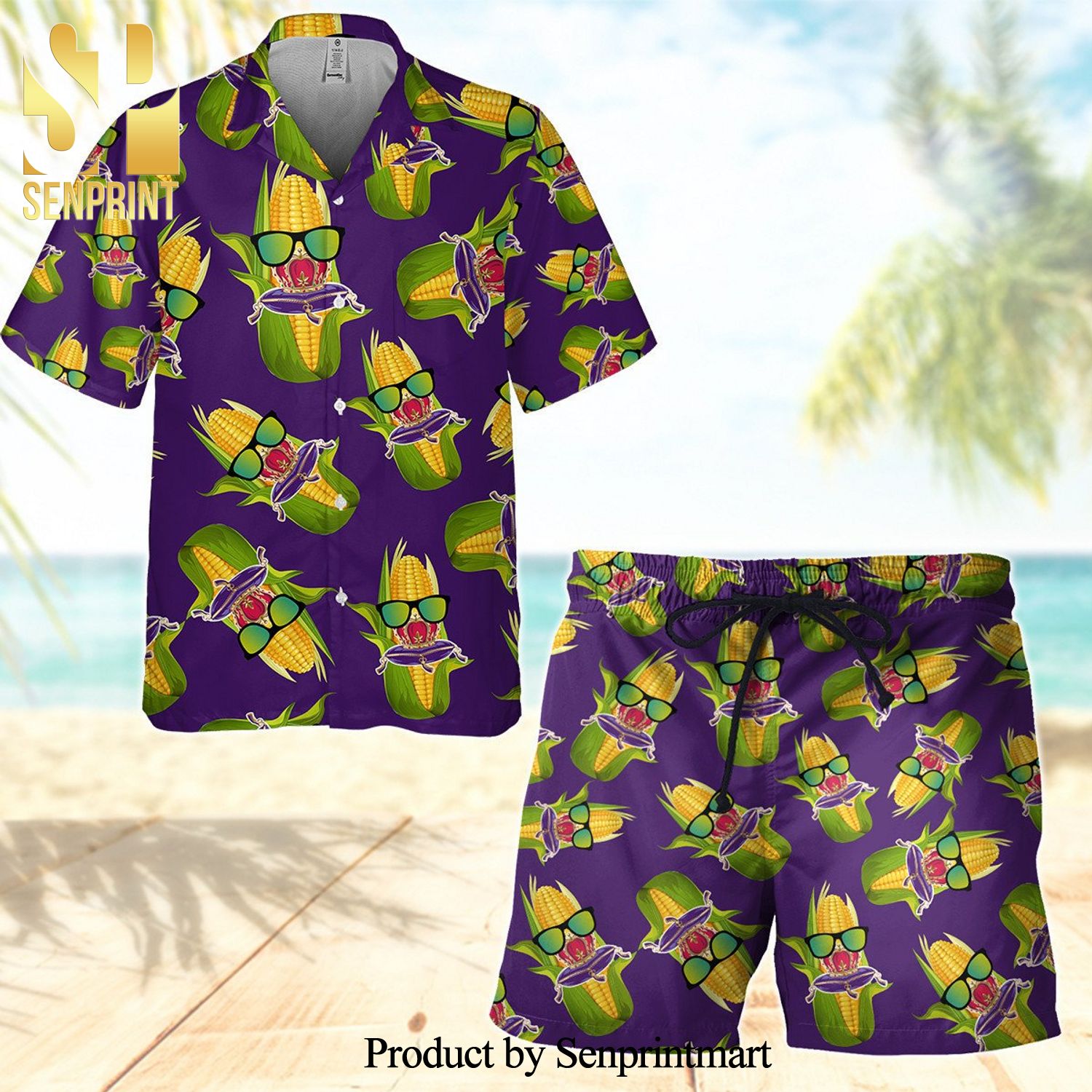 Crown Royal Swag Corn Full Printing Aloha Summer Beach Hawaiian Shirt And Beach Shorts – Purple