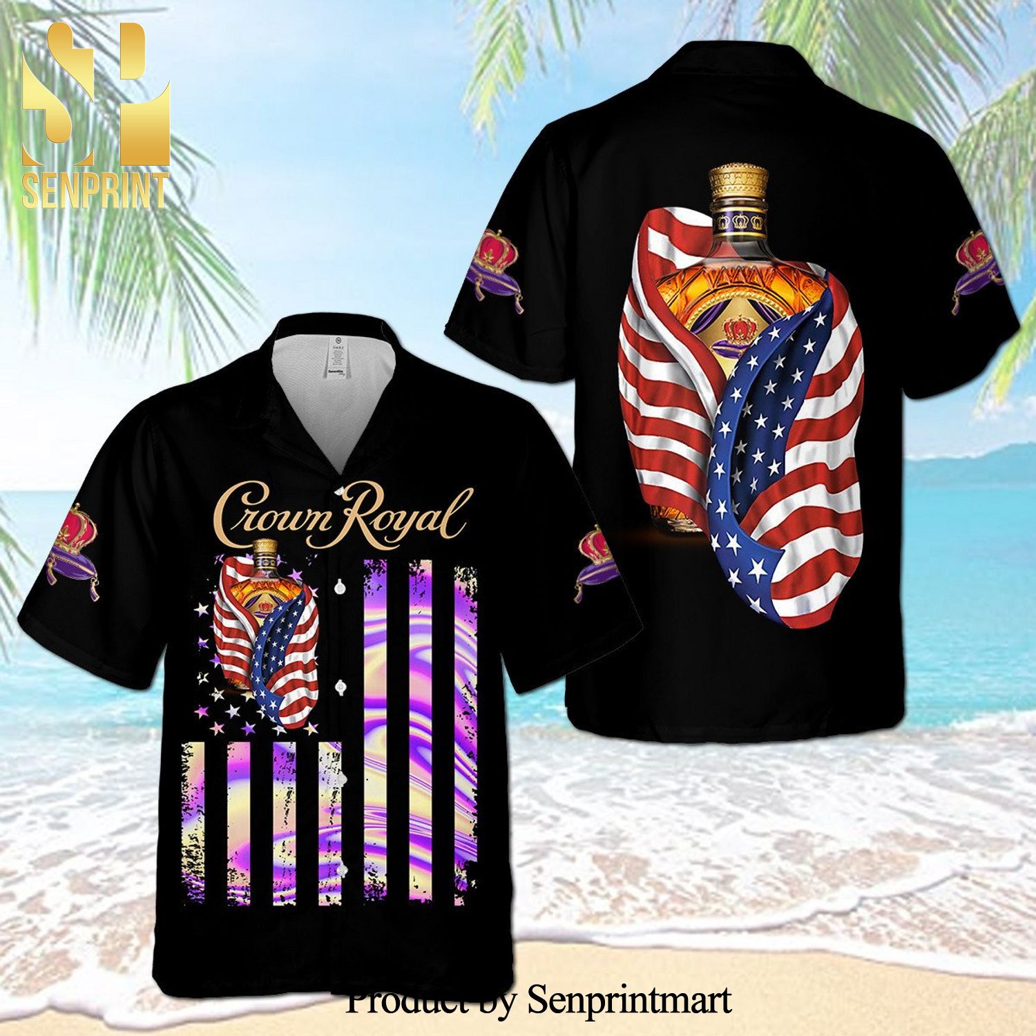 Crown Royal USA Flag Full Printing Aloha Summer Beach Hawaiian Shirt – Black