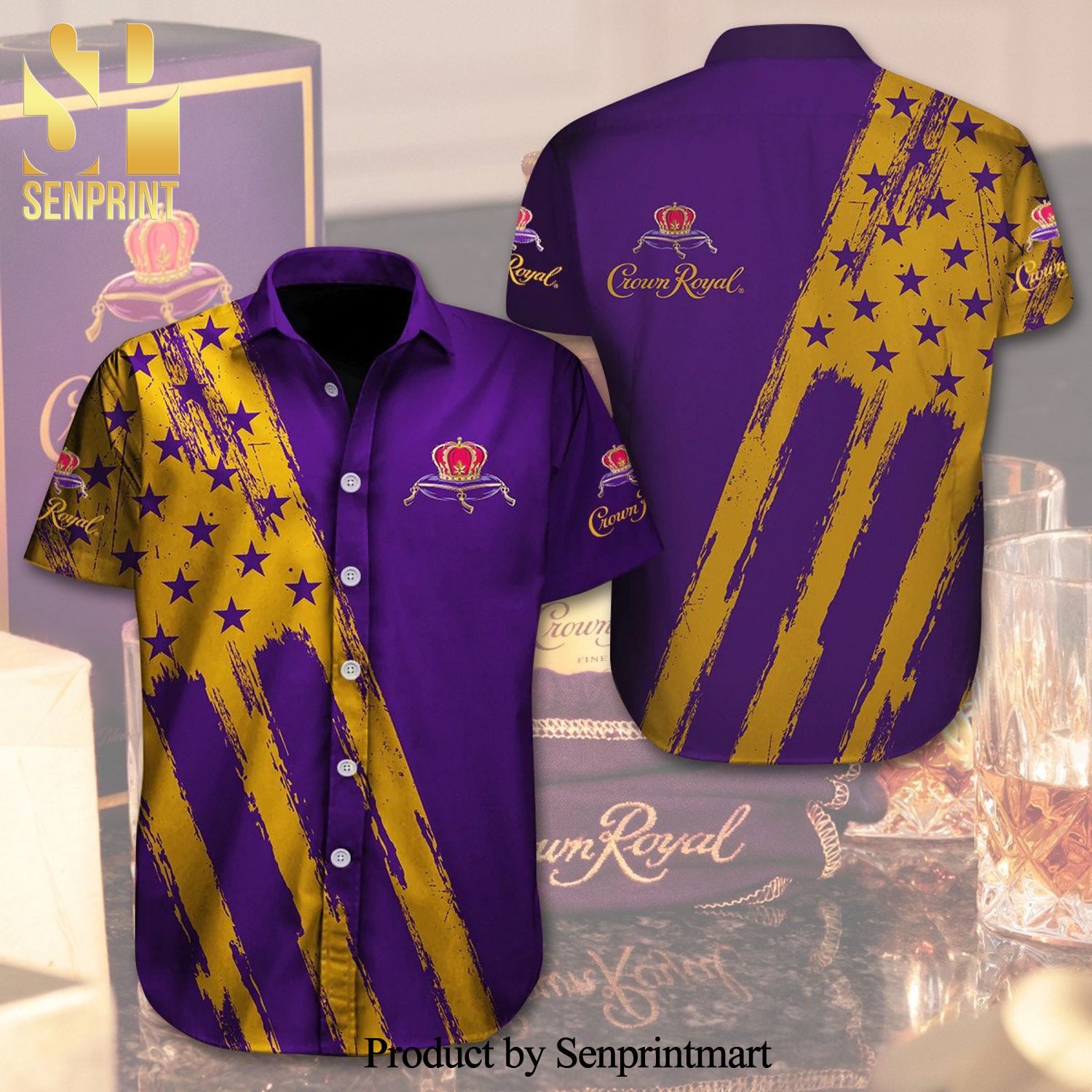 Crown Royal USA Flag Full Printing Aloha Summer Beach Hawaiian Shirt – Gold Purple