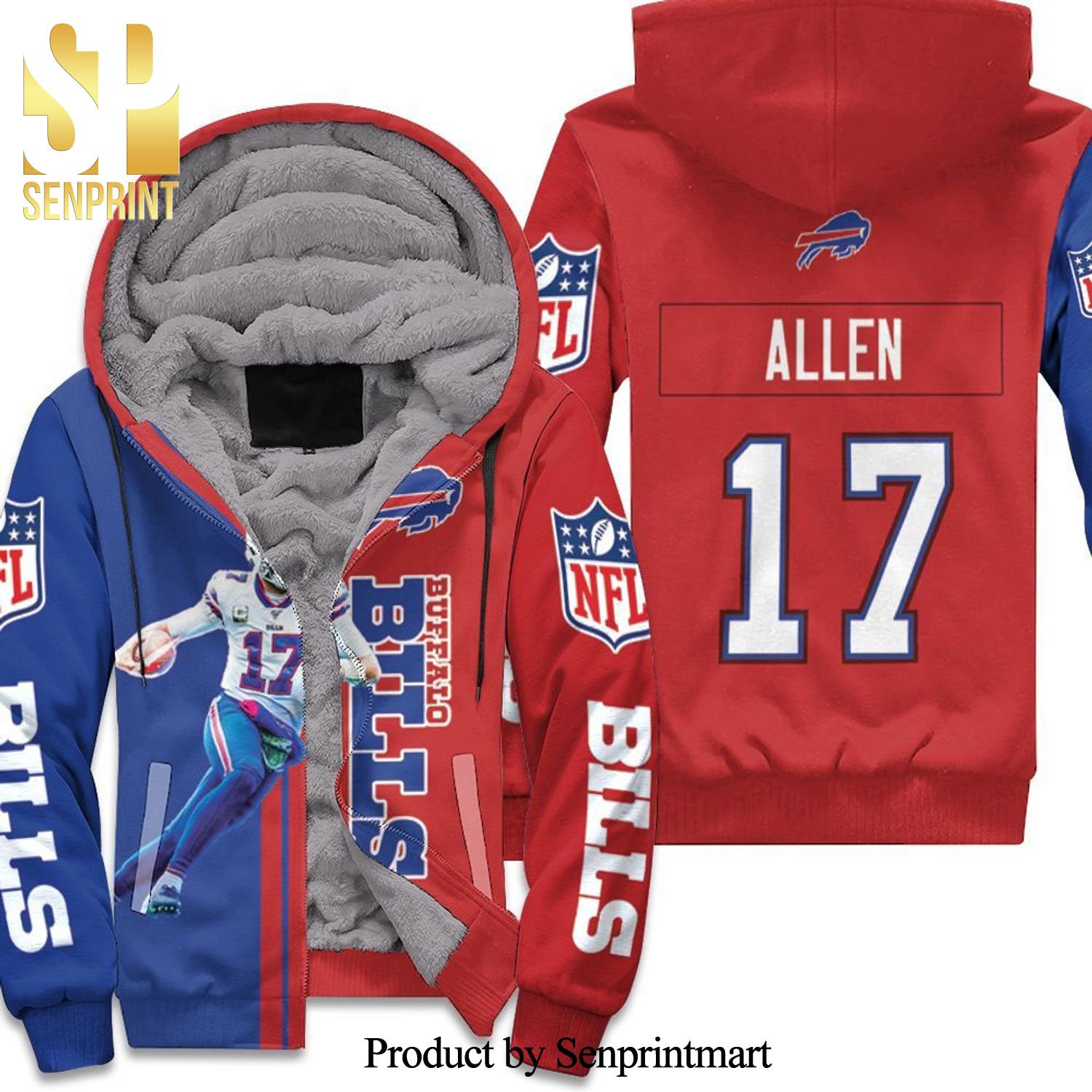 Buffalo Bills Josh Allen 17 Player Buffalo Bills NFL Season All Over Printed Unisex Fleece Hoodie