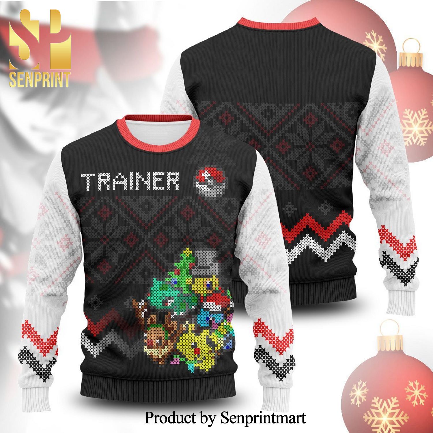 Trainer Pokemon League Pixel Manga Anime Knitted Ugly Christmas Sweater