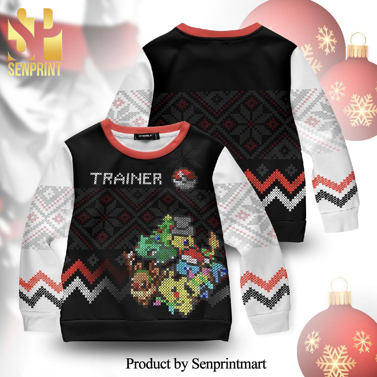 Trainer Pokemon League Pixel Manga Anime Knitted Ugly Christmas Sweater Kid Shirt
