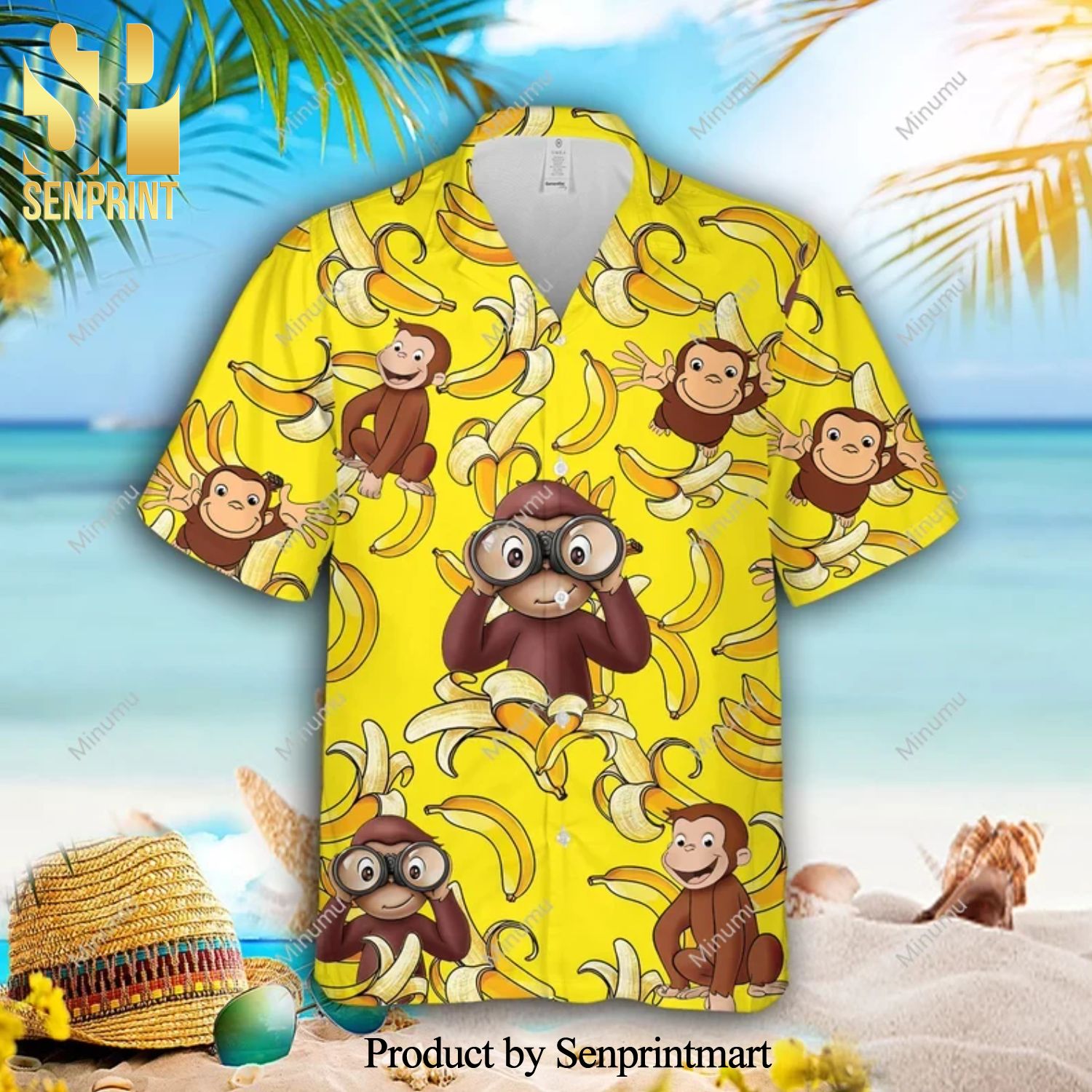 Curious George Wearing Binoculars Banana Full Printing Hawaiian Shirt – Yellow