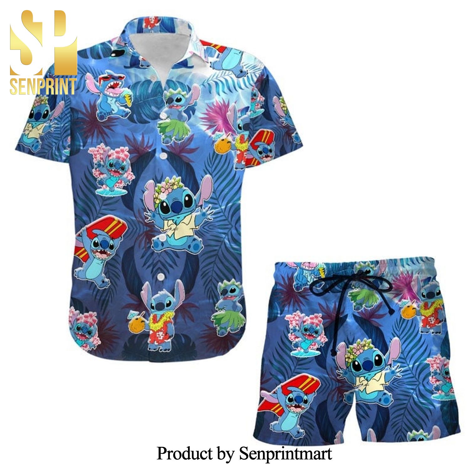 Dancing Stitch Disney Cartoon Graphics Full Printing Combo Aloha Hawaiian Shirt And Beach Shorts – Blue