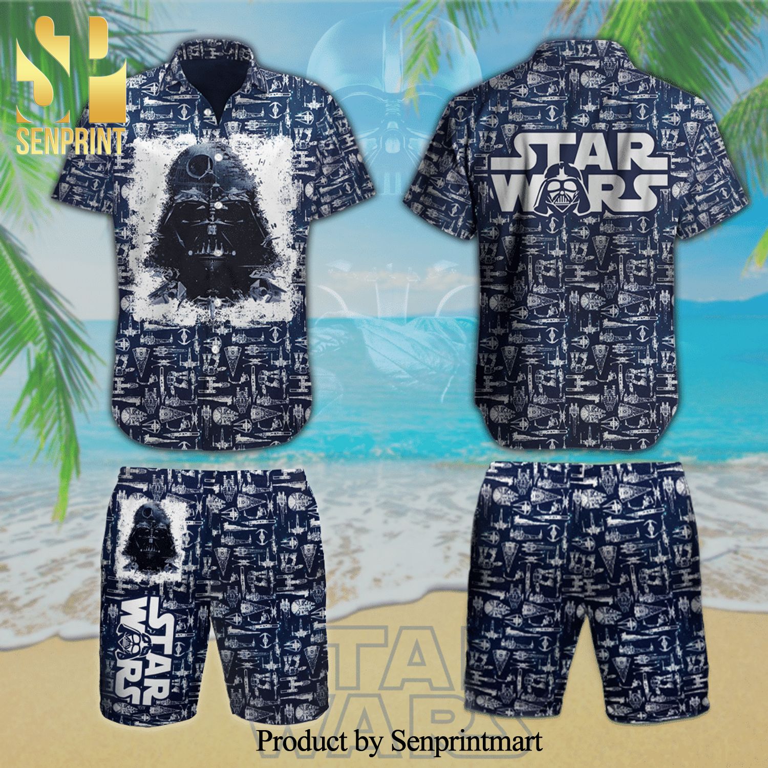 Darth Vader Star Wars Pattern Full Printing Aloha Summer Beach Hawaiian Shirt And Beach Shorts – Navy