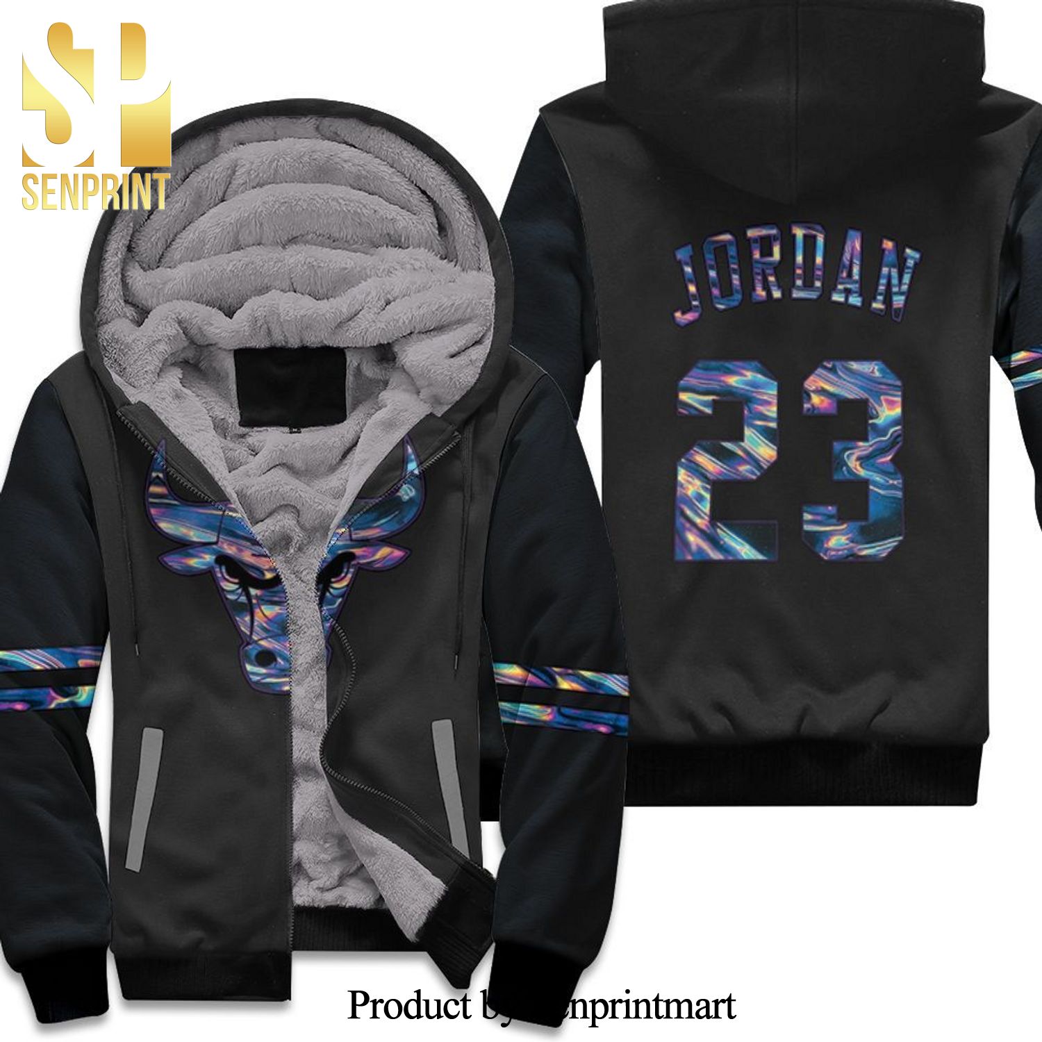 Bulls Michael Jordan Iridescent Holographic Black Inspired Full Printed Unisex Fleece Hoodie