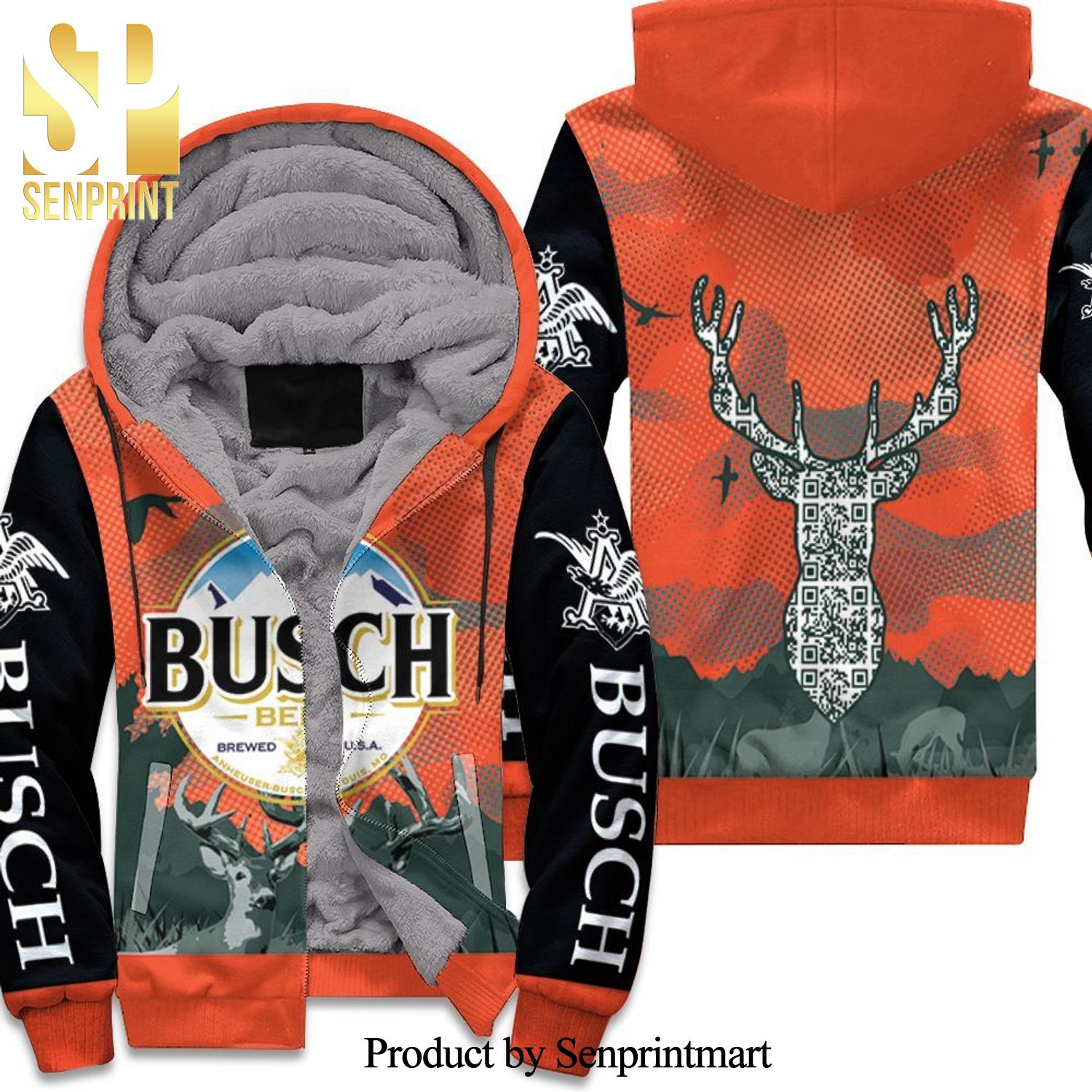 Busch Beer Logo And Deer Head Full Printing Unisex Fleece Hoodie