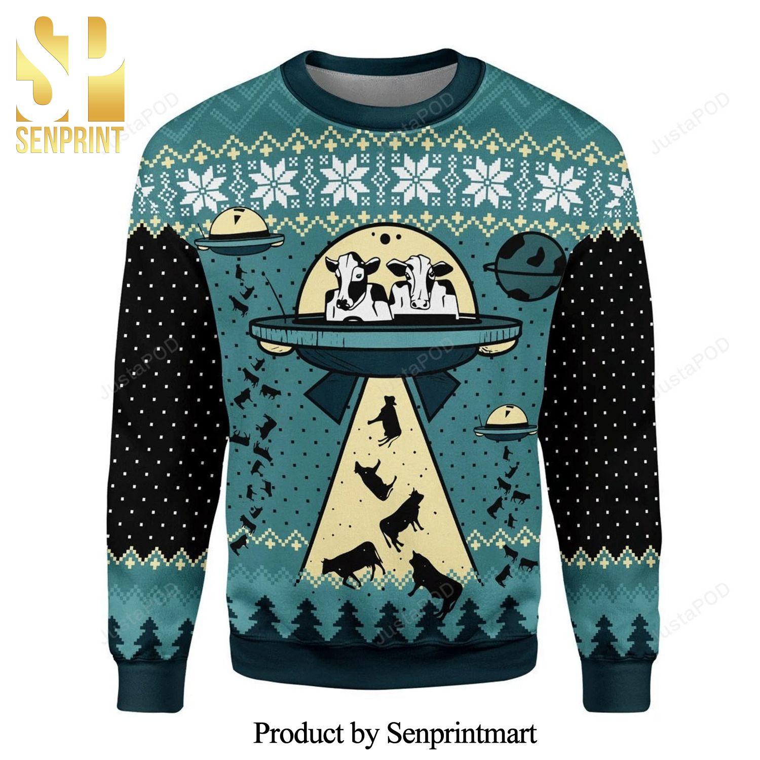 Ufo Alien Cow Abduction Knitted Ugly Christmas Sweater