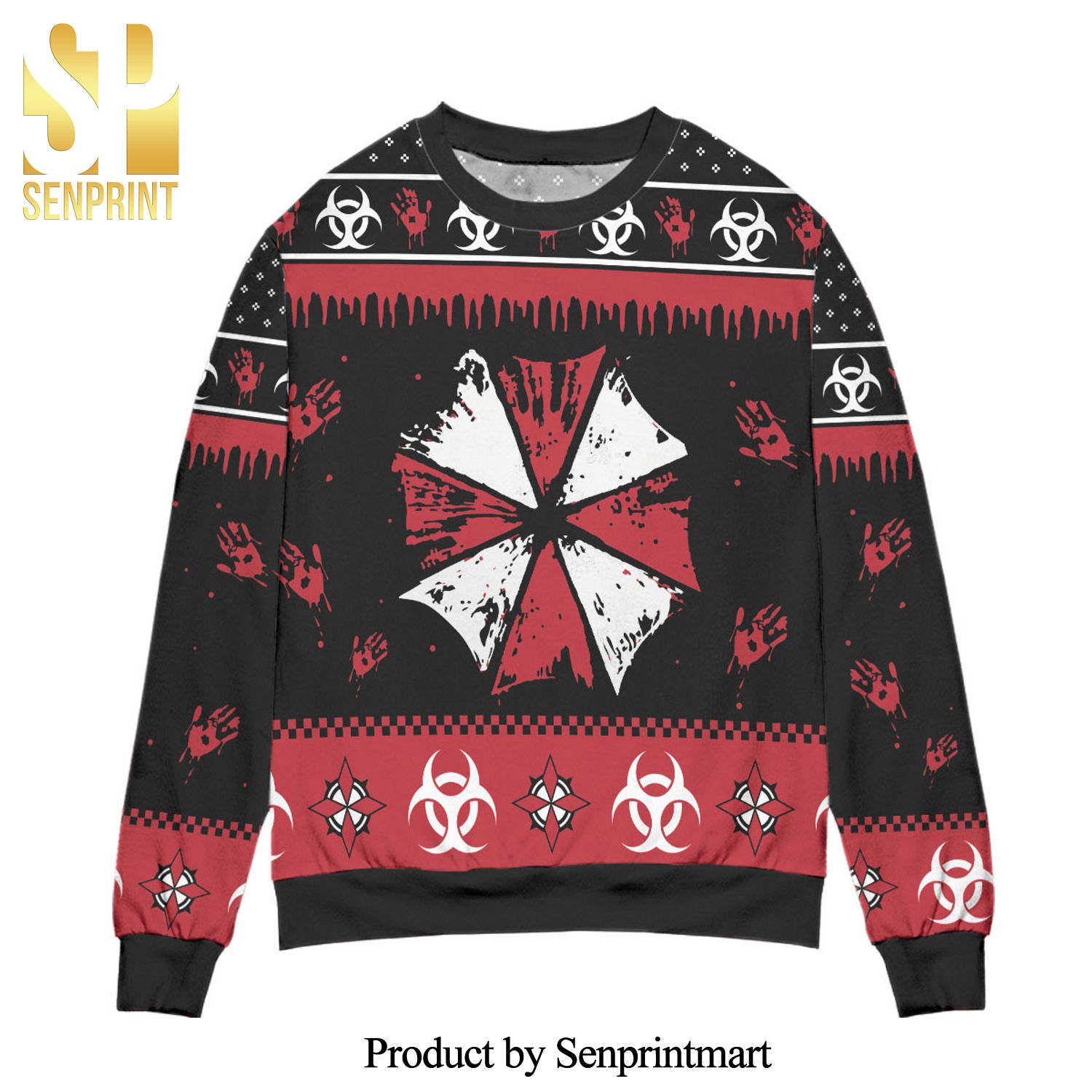 Umbrella Corps Resident Evil Bloody Handprints Knitted Ugly Christmas Sweater