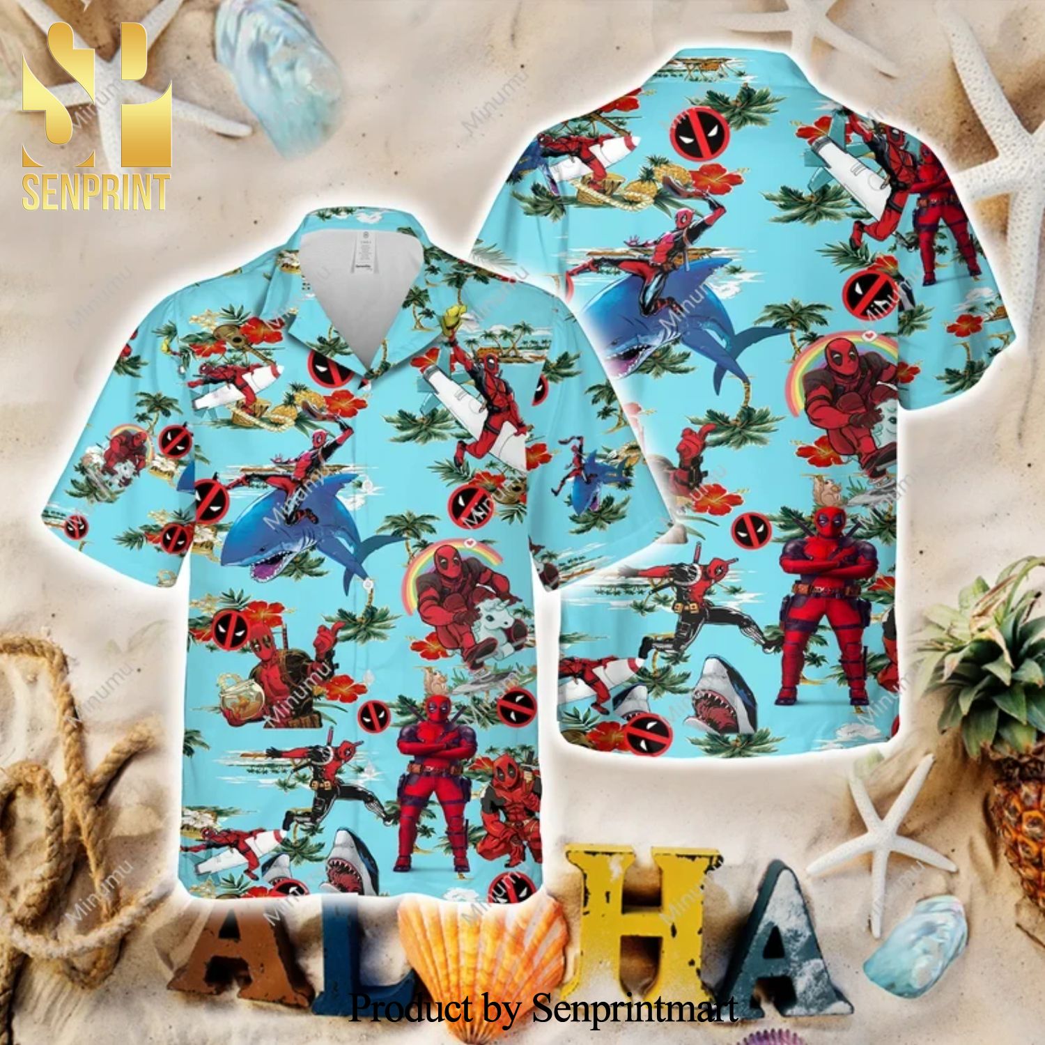 Deadpool Red Hibiscus Aloha Marvel Full Printing Hawaiian Shirt – Aqua Blue