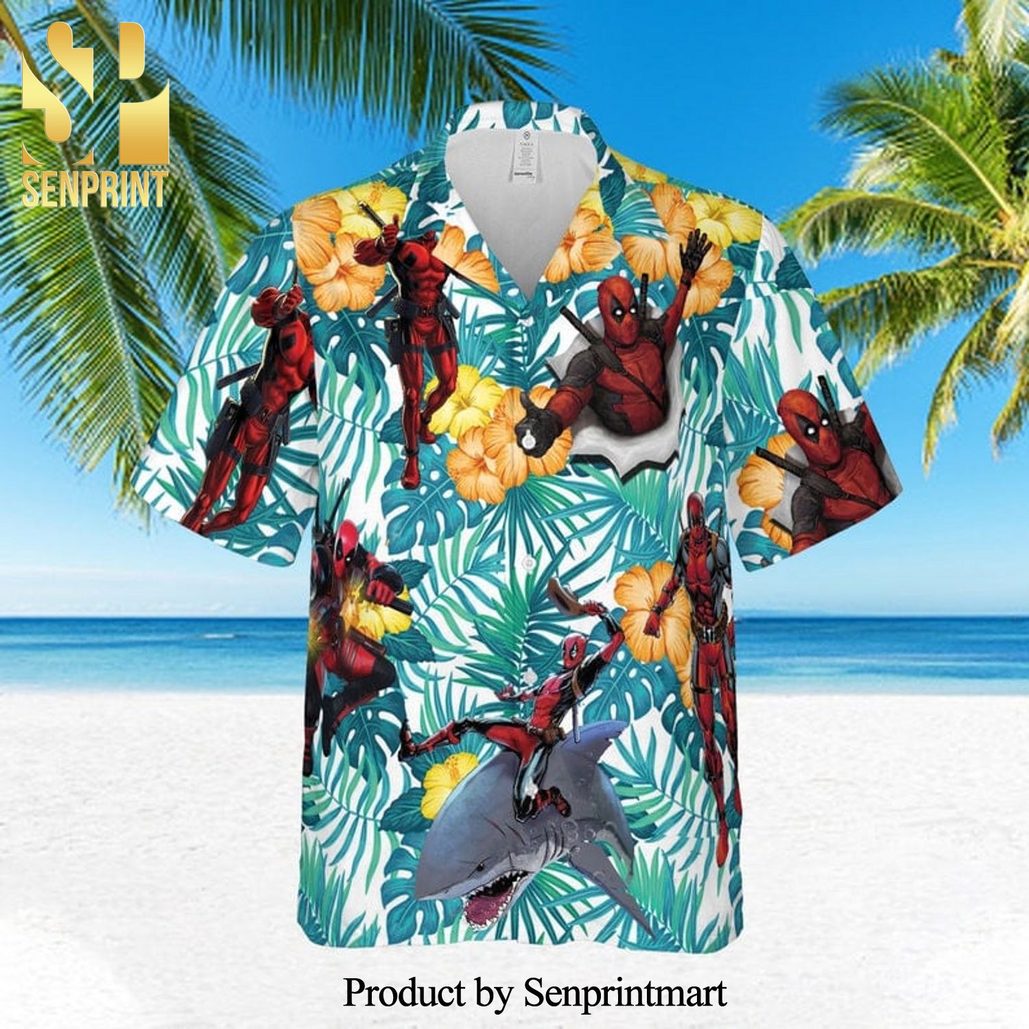 Deadpool Shark Hibiscus Full Printing Hawaiian Shirt