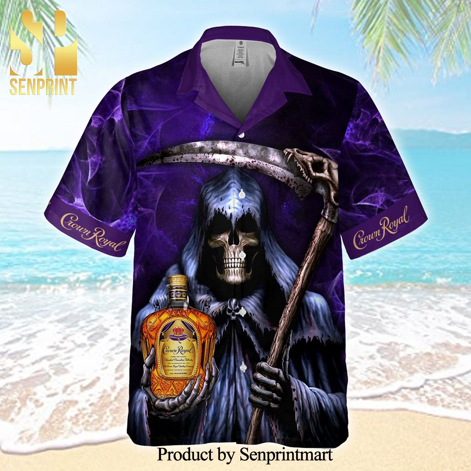 Death Holding Crown Royal Full Printing Aloha Summer Beach Hawaiian Shirt – Purple Black