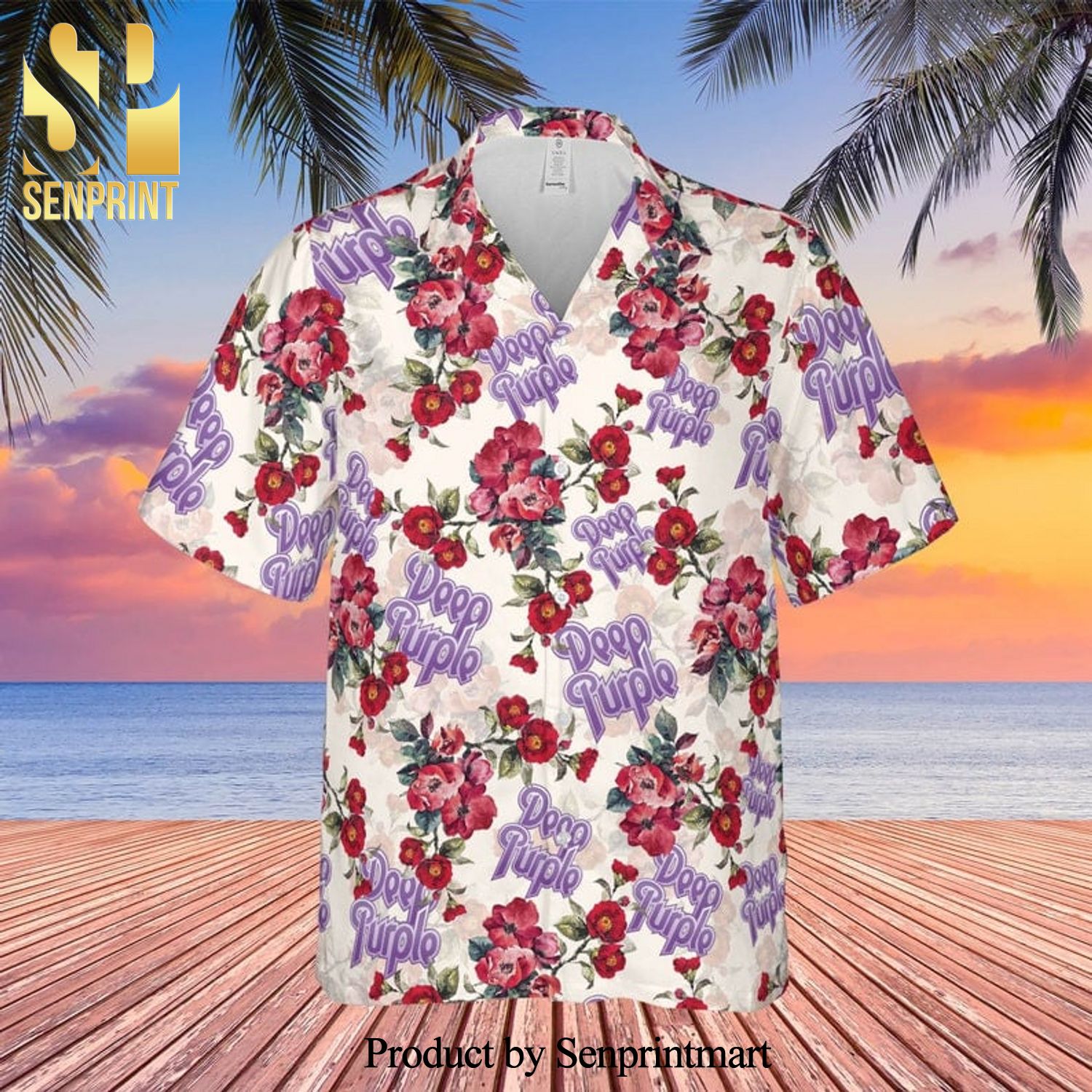 Deep Purple Rock Band And Floral Pattern Full Printing Hawaiian Shirt – White