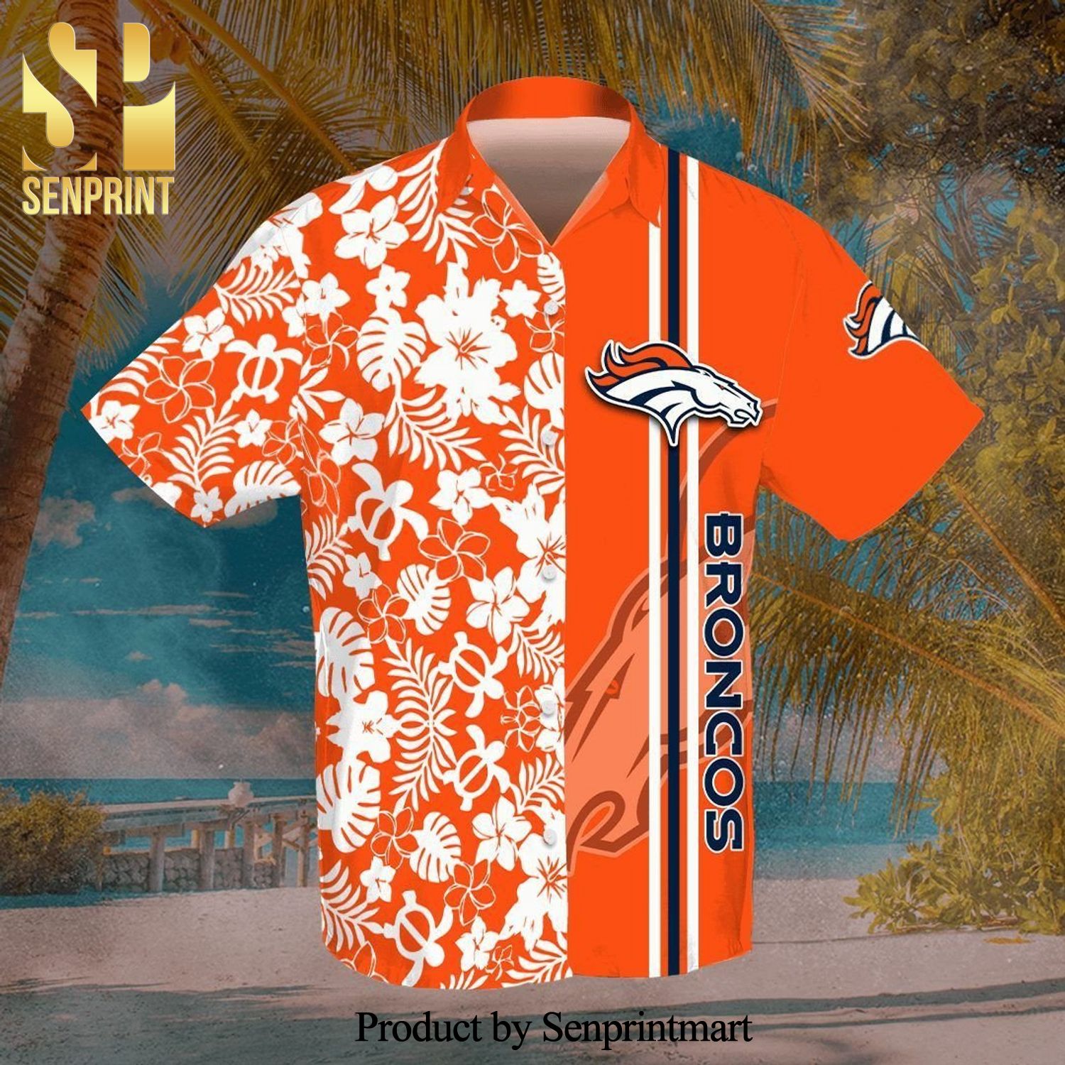 Denver Broncos Full Printing Flowery Short Sleeve Dress Shirt Hawaiian Summer Aloha Beach Shirt – Orange