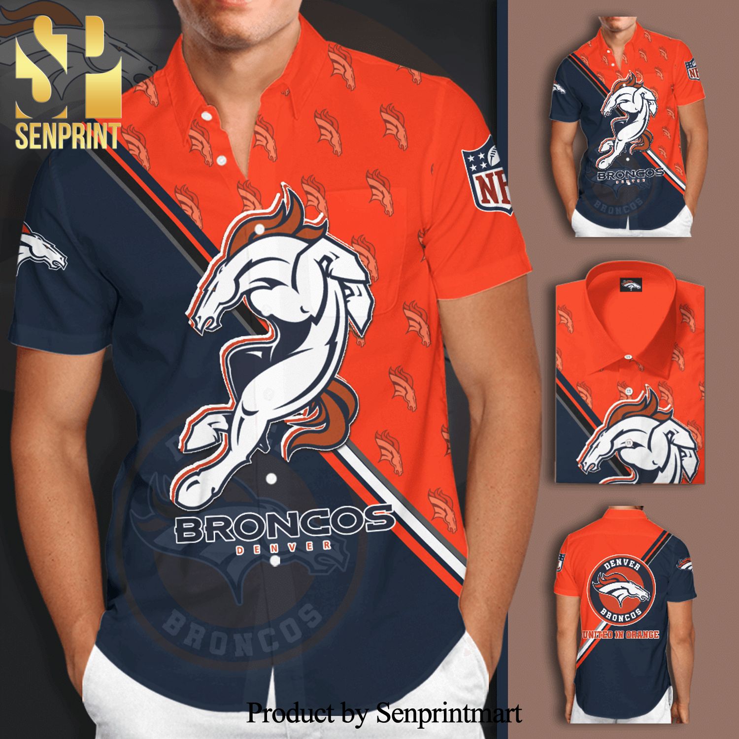 Denver Broncos Logo Full Printing Short Sleeve Dress Shirt Hawaiian Summer Aloha Beach Shirt – Navy Orange